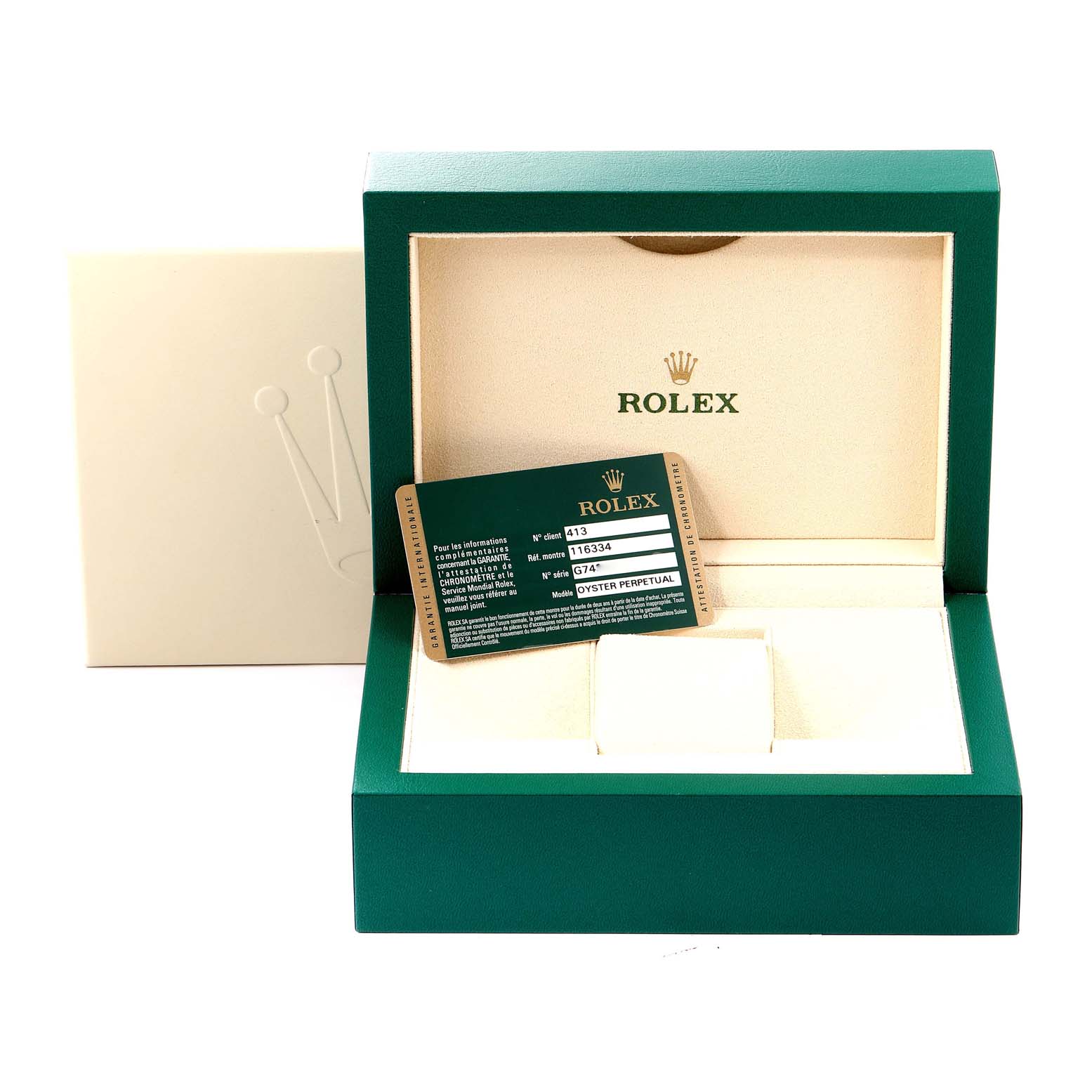 The image shows the open box and certification card for a Rolex Datejust 41 116334 Men's Stainless Steel Grey Dial 116334 Men's Stainless Steel Grey Dial watch.