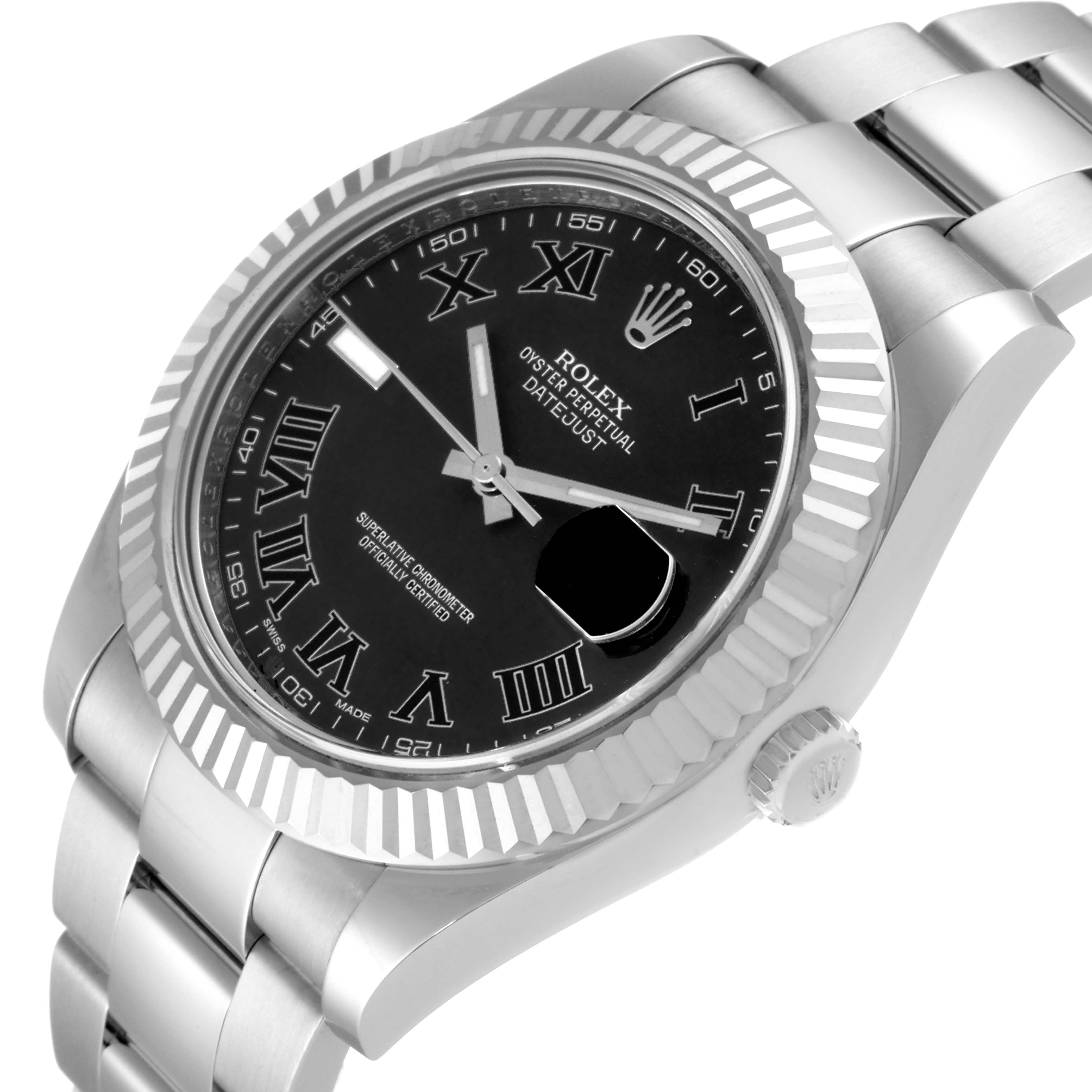The Rolex Datejust 41 116334 Men's Stainless Steel Grey Dial 116334 Men's Stainless Steel Grey Dial watch is shown at a slight angle, displaying the dial, bezel, crown, and part of the bracelet.