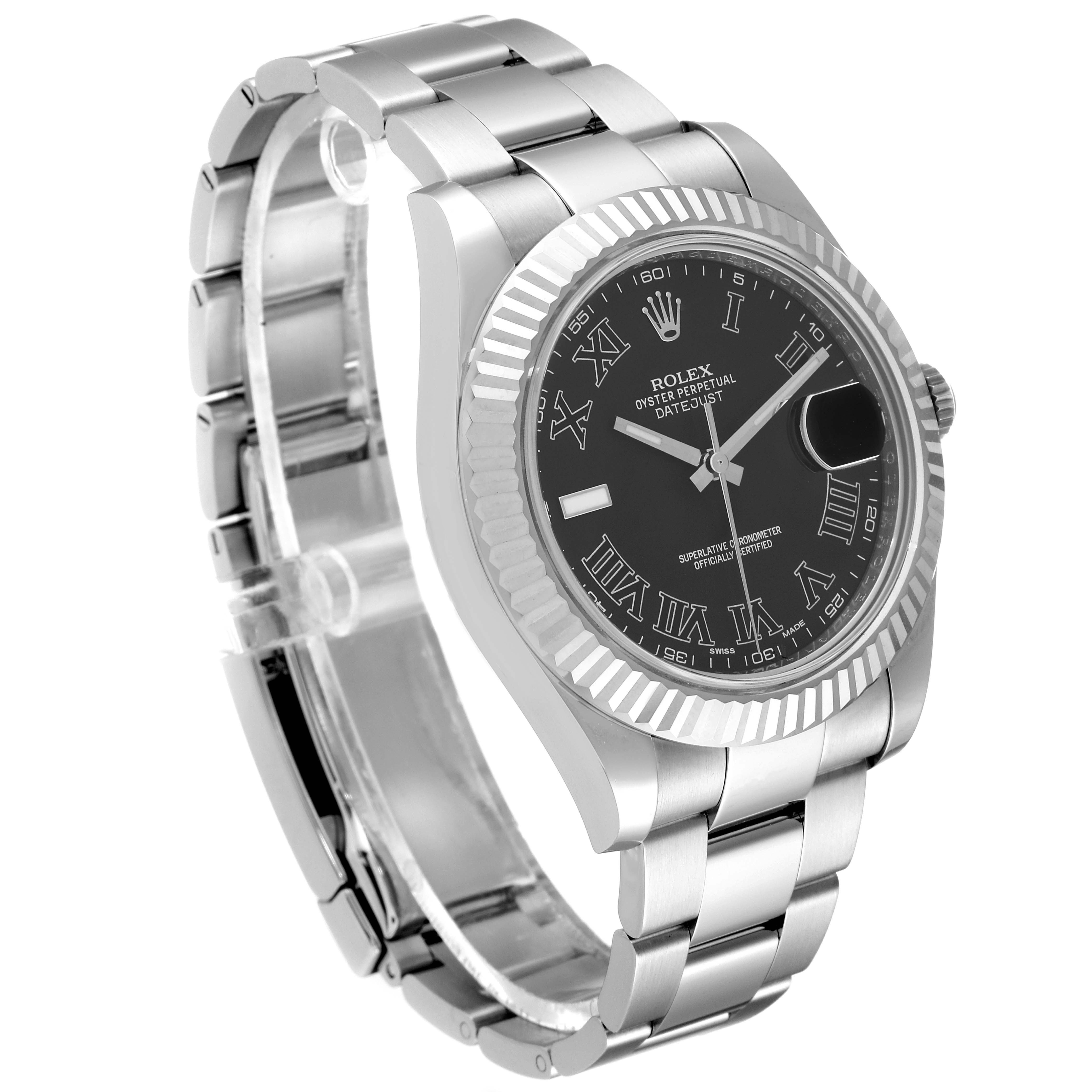 The Rolex Datejust 41 116334 Men's Stainless Steel Grey Dial 116334 Men's Stainless Steel Grey Dial watch is shown at a slight angle, highlighting the face, bezel, and partially the bracelet.