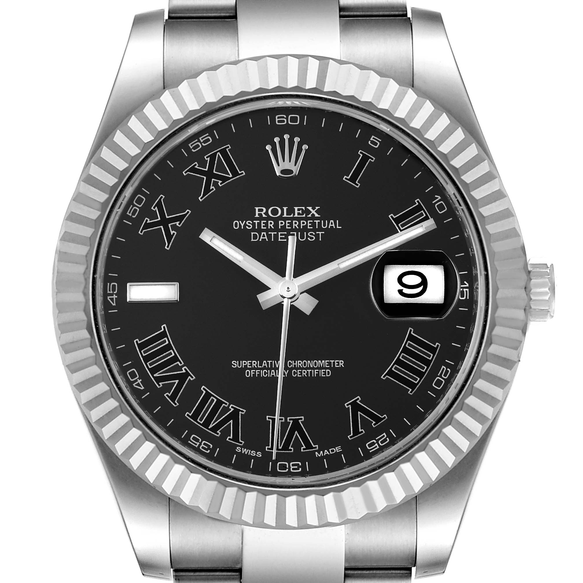 The image shows a front view of a Rolex Datejust 41 116334 Men's Stainless Steel Grey Dial 116334 Men's Stainless Steel Grey Dial watch, featuring the dial, hands, date window, and part of the bracelet.
