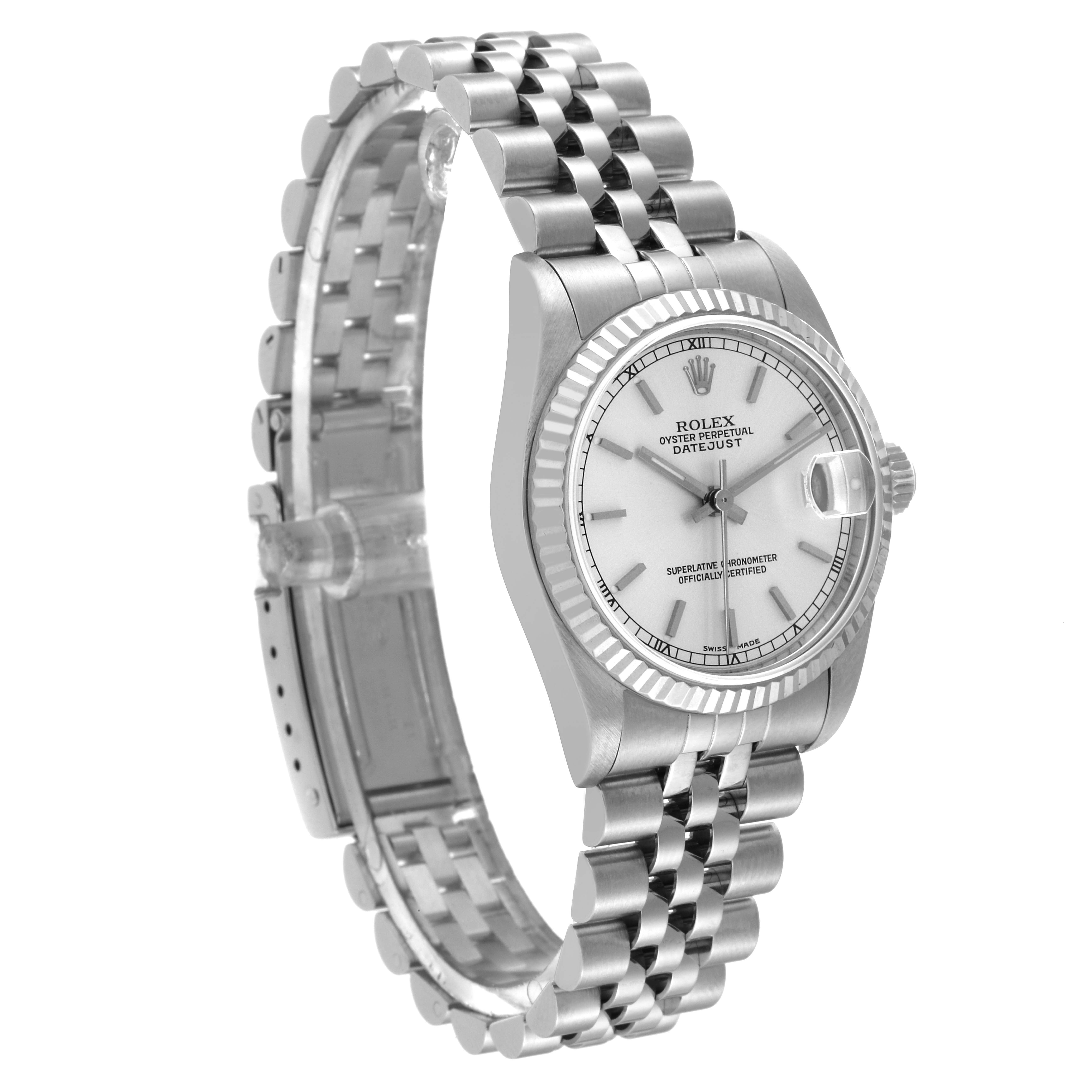 The Rolex Mid-Size 78274 Women
s Stainless Steel Silver Dial 78274 Women
s Stainless Steel Silver Dial model watch is shown at an angled view, displaying the face, bezel, crown, and bracelet.