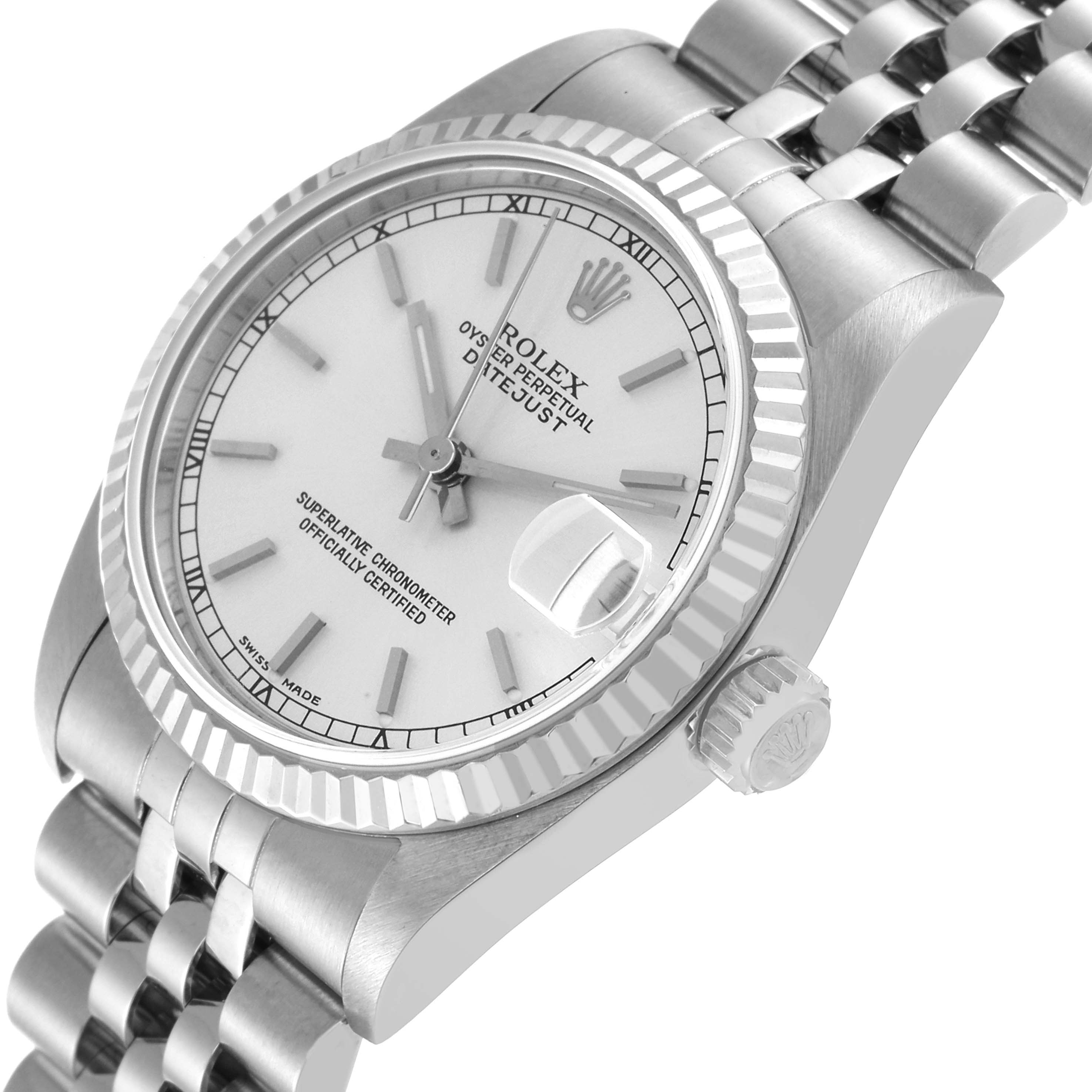 The image shows a close-up side angle of a Rolex Mid-Size 78274 Women
s Stainless Steel Silver Dial 78274 Women
s Stainless Steel Silver Dial Datejust watch, featuring its bezel, dial, bracelet, and crown.