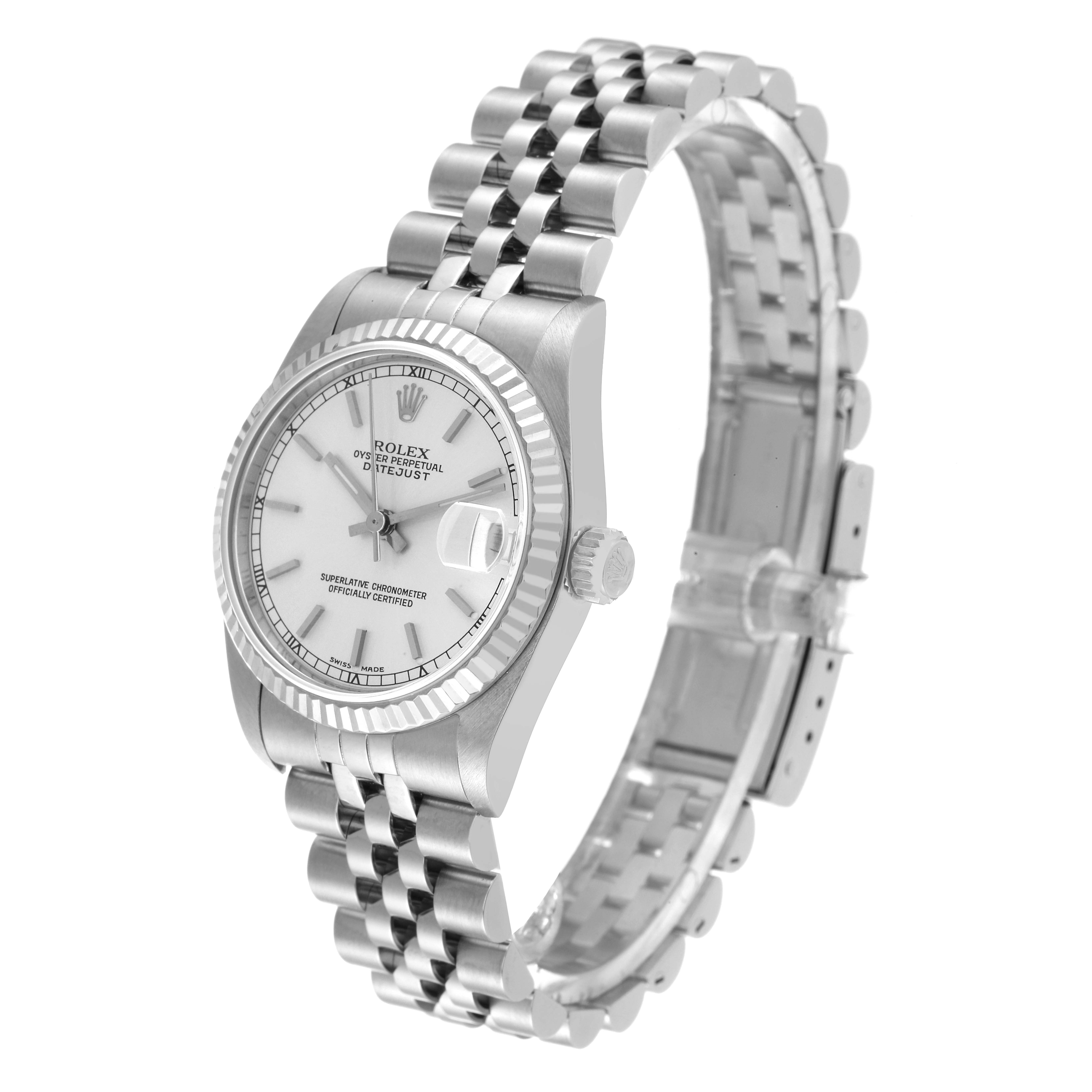 The Rolex Mid-Size 78274 Women
s Stainless Steel Silver Dial 78274 Women
s Stainless Steel Silver Dial model watch is shown at a three-quarter angle, displaying its face, bezel, bracelet, and crown.