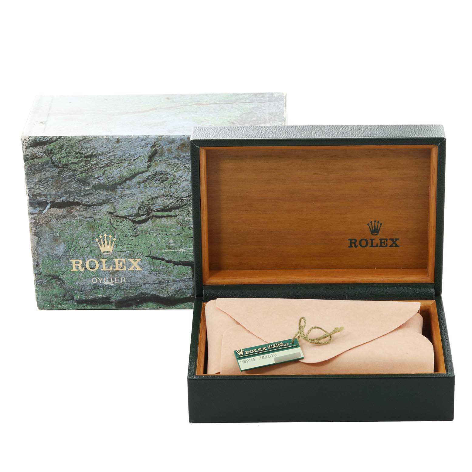 The image shows the open packaging for a Rolex Mid-Size 78274 Women
s Stainless Steel Silver Dial 78274 Women
s Stainless Steel Silver Dial watch, including a box, cover, and tag.