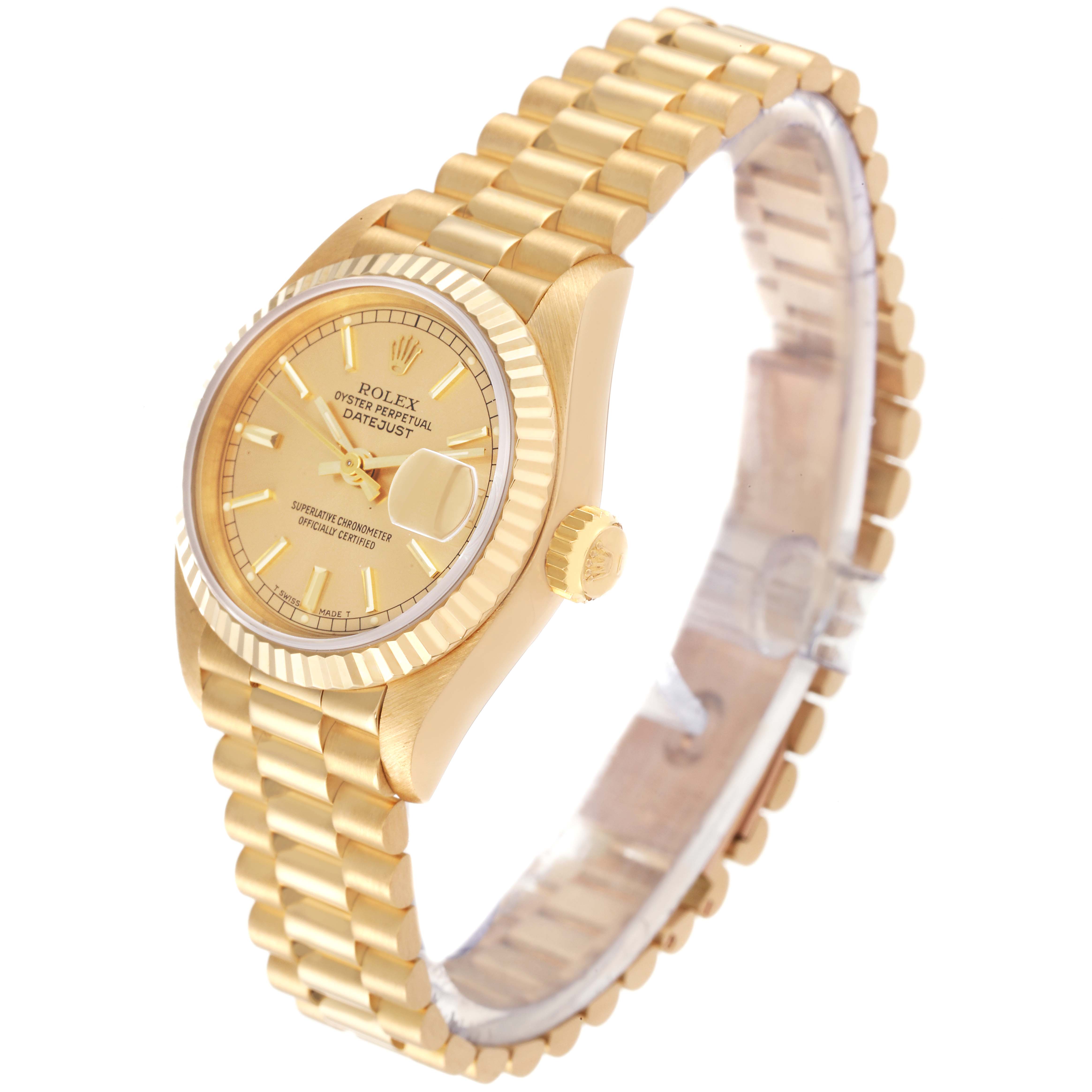 The image shows the Rolex President 69178 Women
s Yellow Gold Champagne Dial 69178 Women
s Yellow Gold Champagne Dial model watch at a slight side angle with its dial, crown, and bracelet visible.