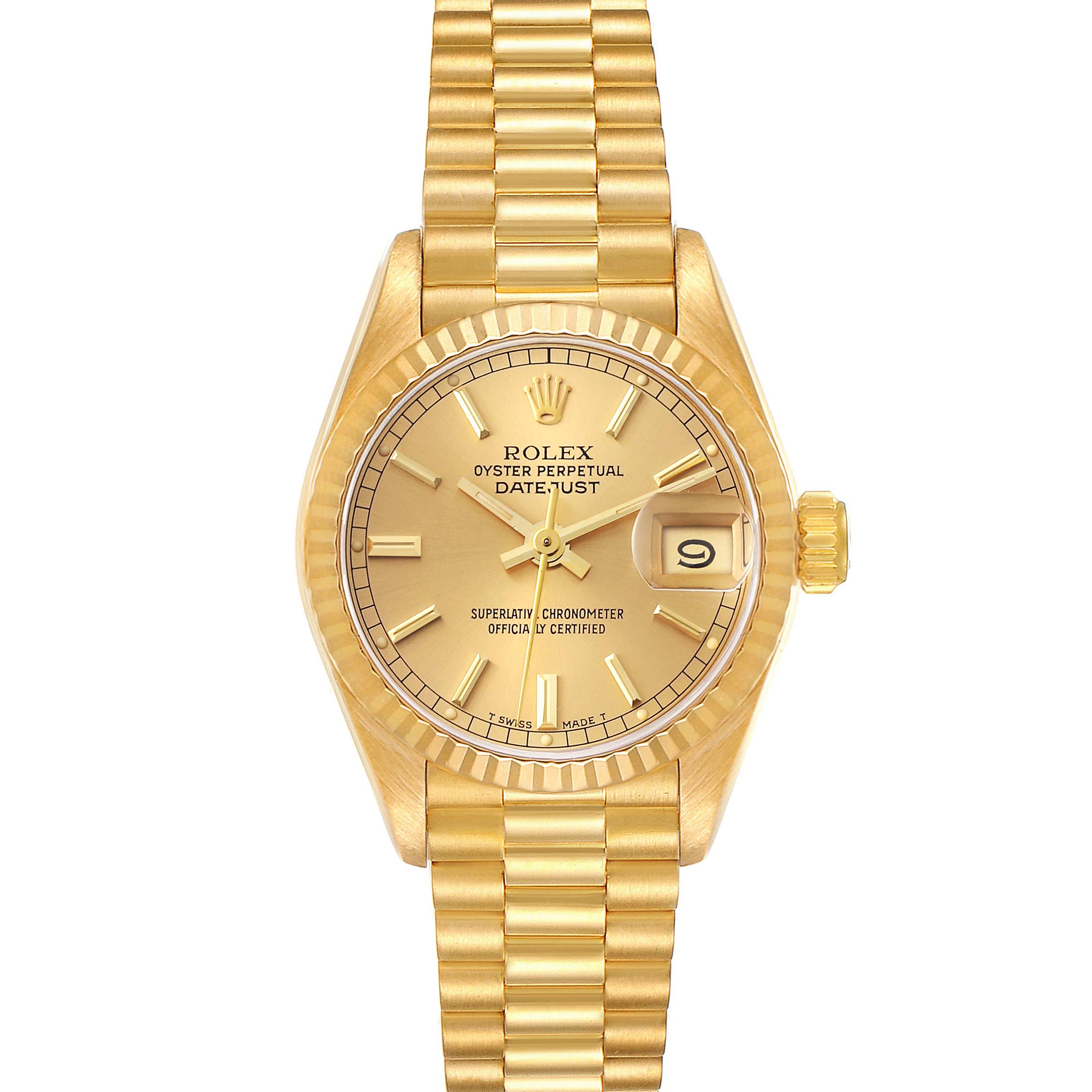The image shows a front view of a Rolex President 69178 Women
s Yellow Gold Champagne Dial 69178 Women
s Yellow Gold Champagne Dial model watch, highlighting its gold dial, fluted bezel, and bracelet.