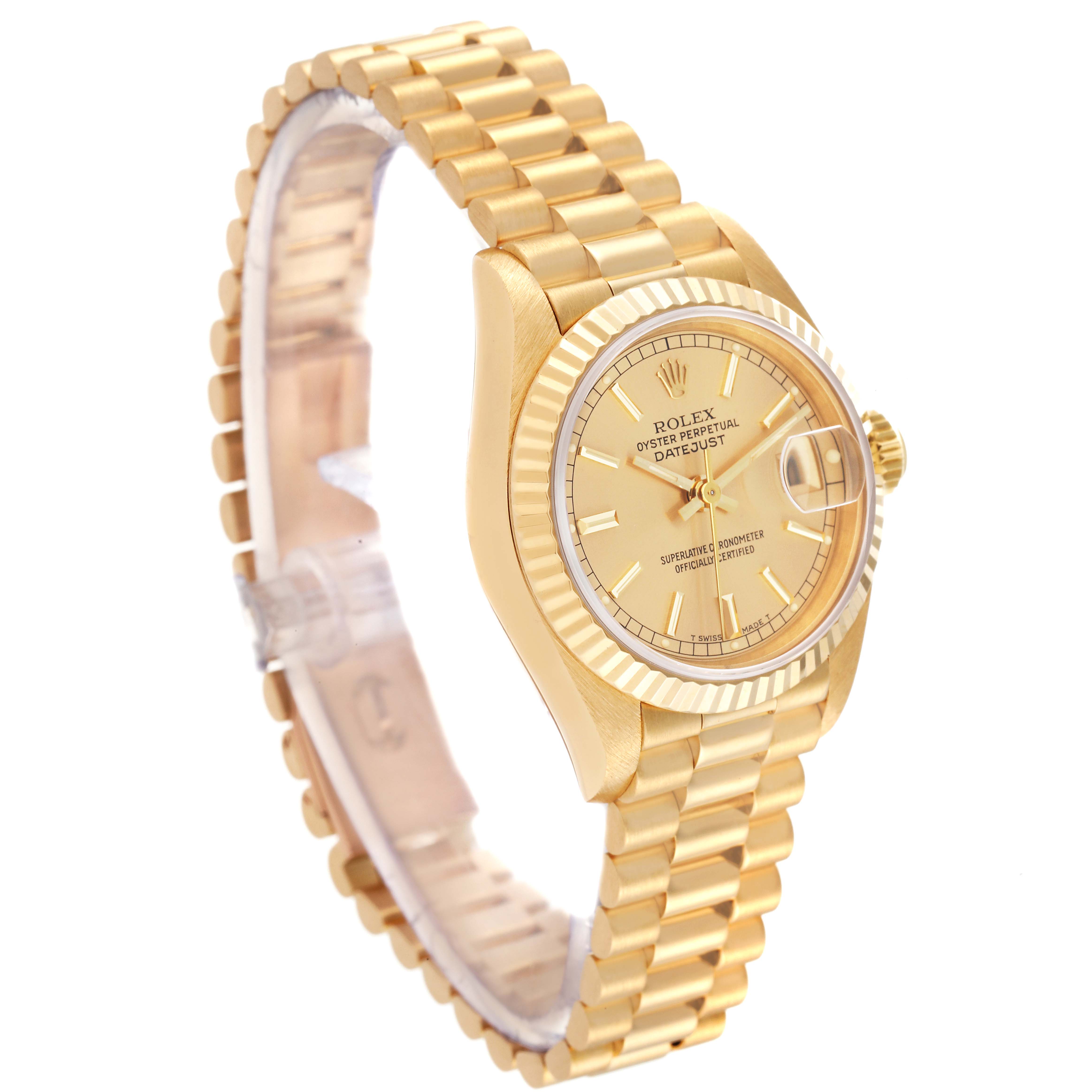 The image shows an angled side view of the Rolex President 69178 Women
s Yellow Gold Champagne Dial 69178 Women
s Yellow Gold Champagne Dial model watch, highlighting its gold band, bezel, and face.