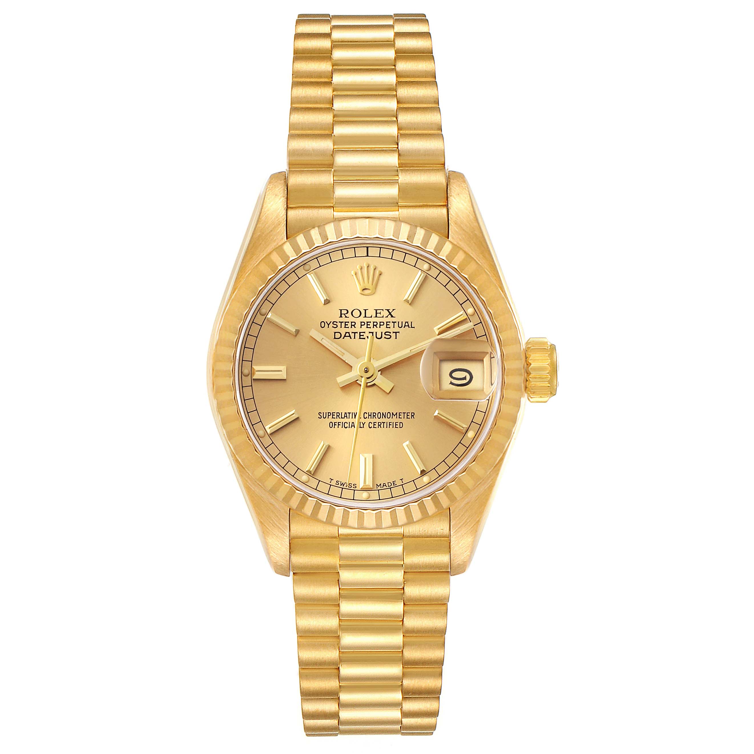This image shows a front view of the Rolex President 69178 Women
s Yellow Gold Champagne Dial 69178 Women
s Yellow Gold Champagne Dial model watch, showcasing its golden dial, bezel, and bracelet.