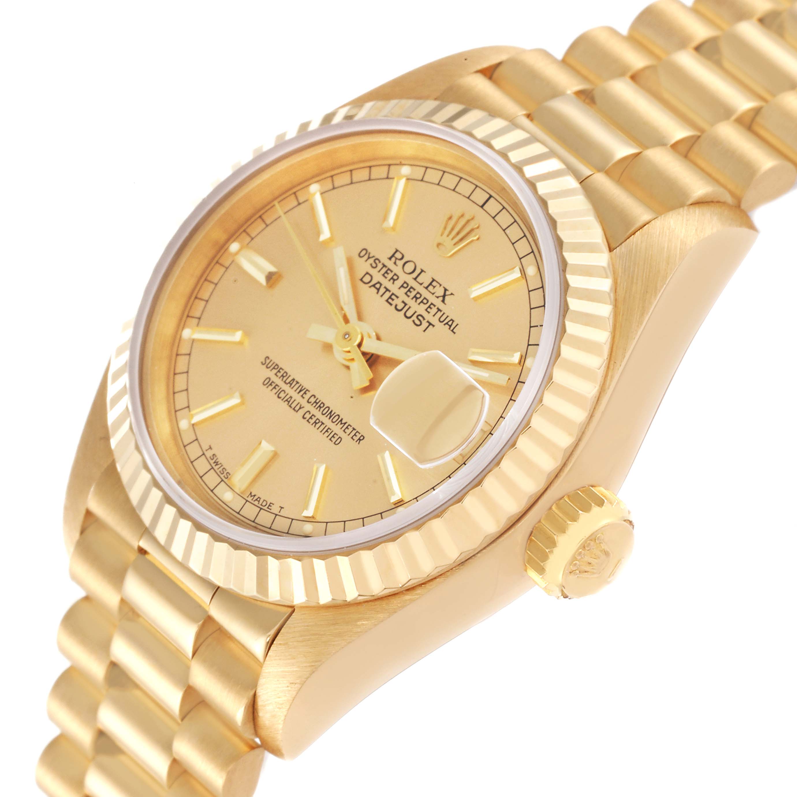 The image shows an angled view of a Rolex President 69178 Women
s Yellow Gold Champagne Dial 69178 Women
s Yellow Gold Champagne Dial model watch, highlighting the dial, bezel, crown, and part of the bracelet.