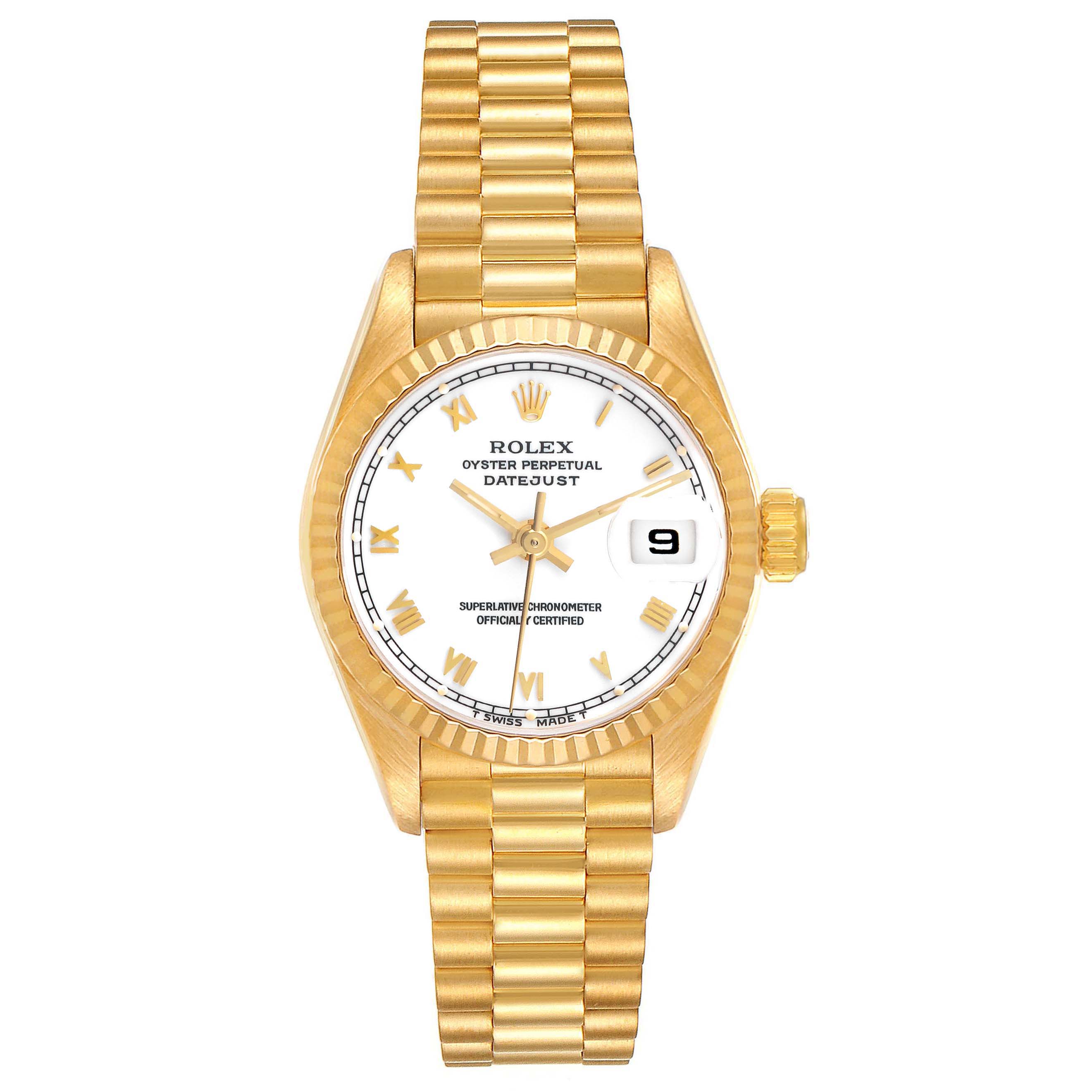 This image shows a frontal view of the Rolex President 69178 Women's Yellow Gold White Dial 69178 Women's Yellow Gold White Dial model watch, featuring its face, dial, bezel, and bracelet.
