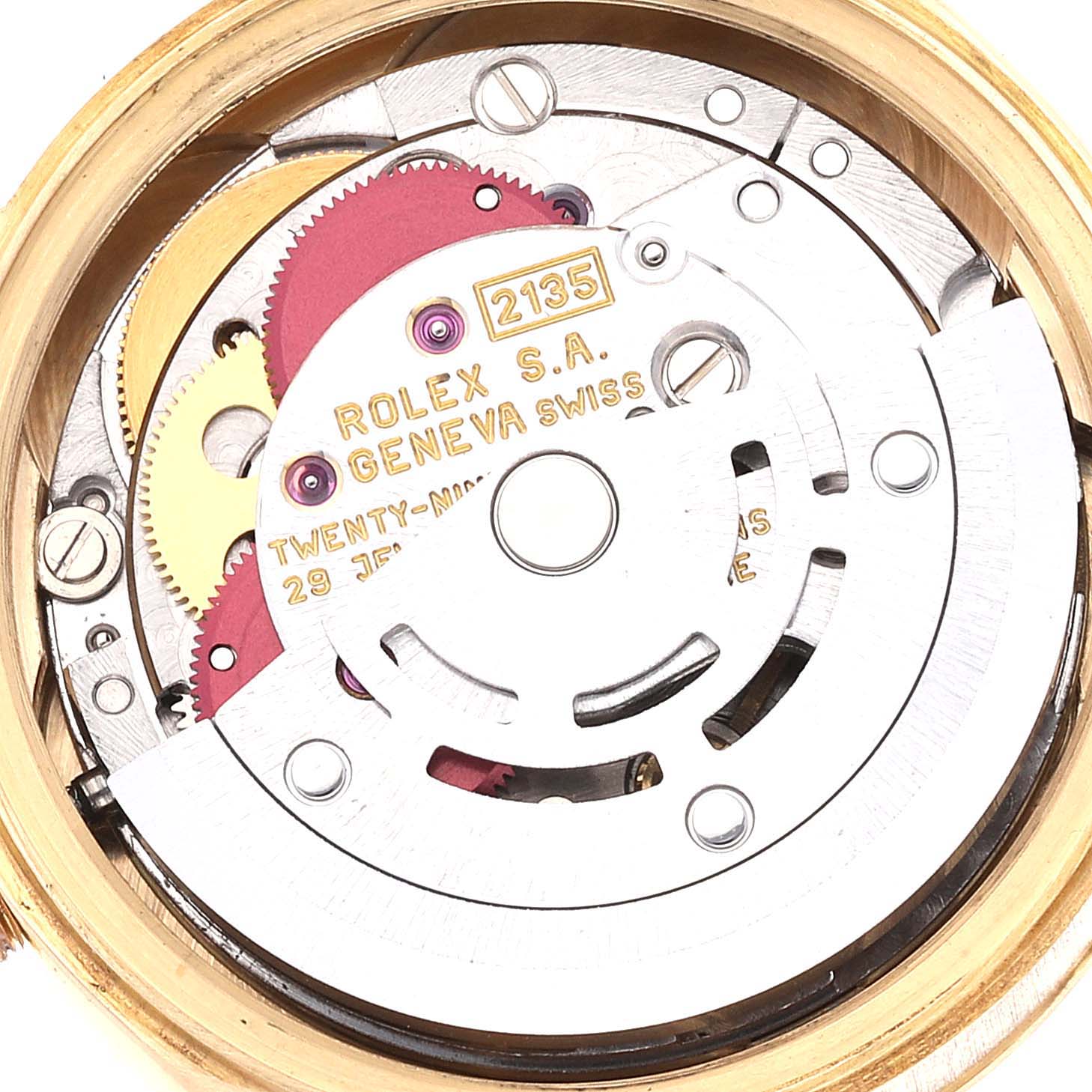 The image shows the internal mechanical movement of a Rolex President 69178 Women's Yellow Gold White Dial 69178 Women's Yellow Gold White Dial model watch taken from a top-down angle.
