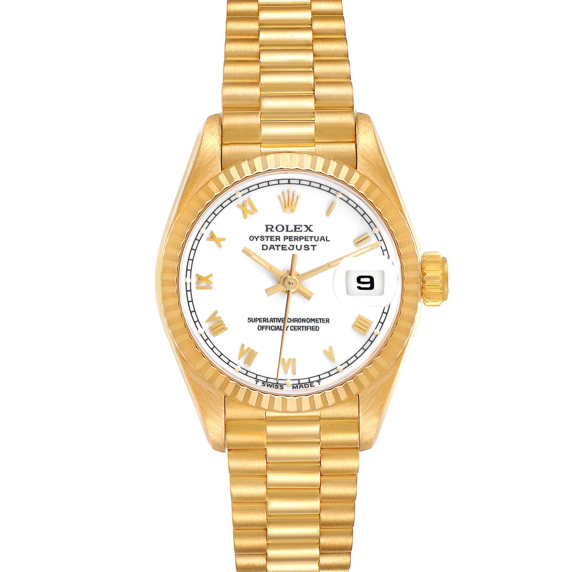 The image shows a front view of a Rolex President 69178 Women's Yellow Gold White Dial 69178 Women's Yellow Gold White Dial model watch, displaying the dial, hands, crown, and bracelet.