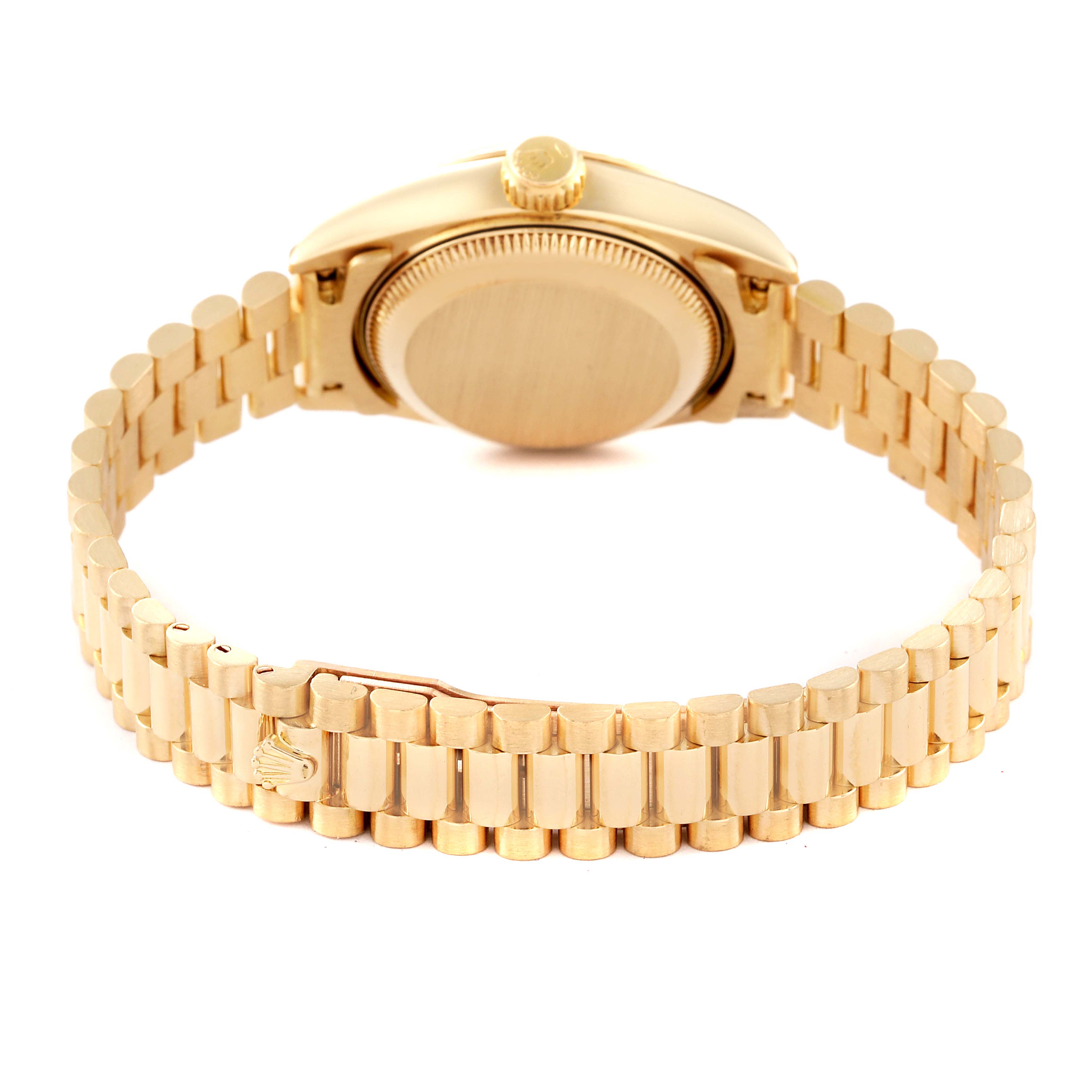 The image shows the back view of the Rolex President 69178 Women's Yellow Gold White Dial 69178 Women's Yellow Gold White Dial model watch, highlighting the bracelet and case back.