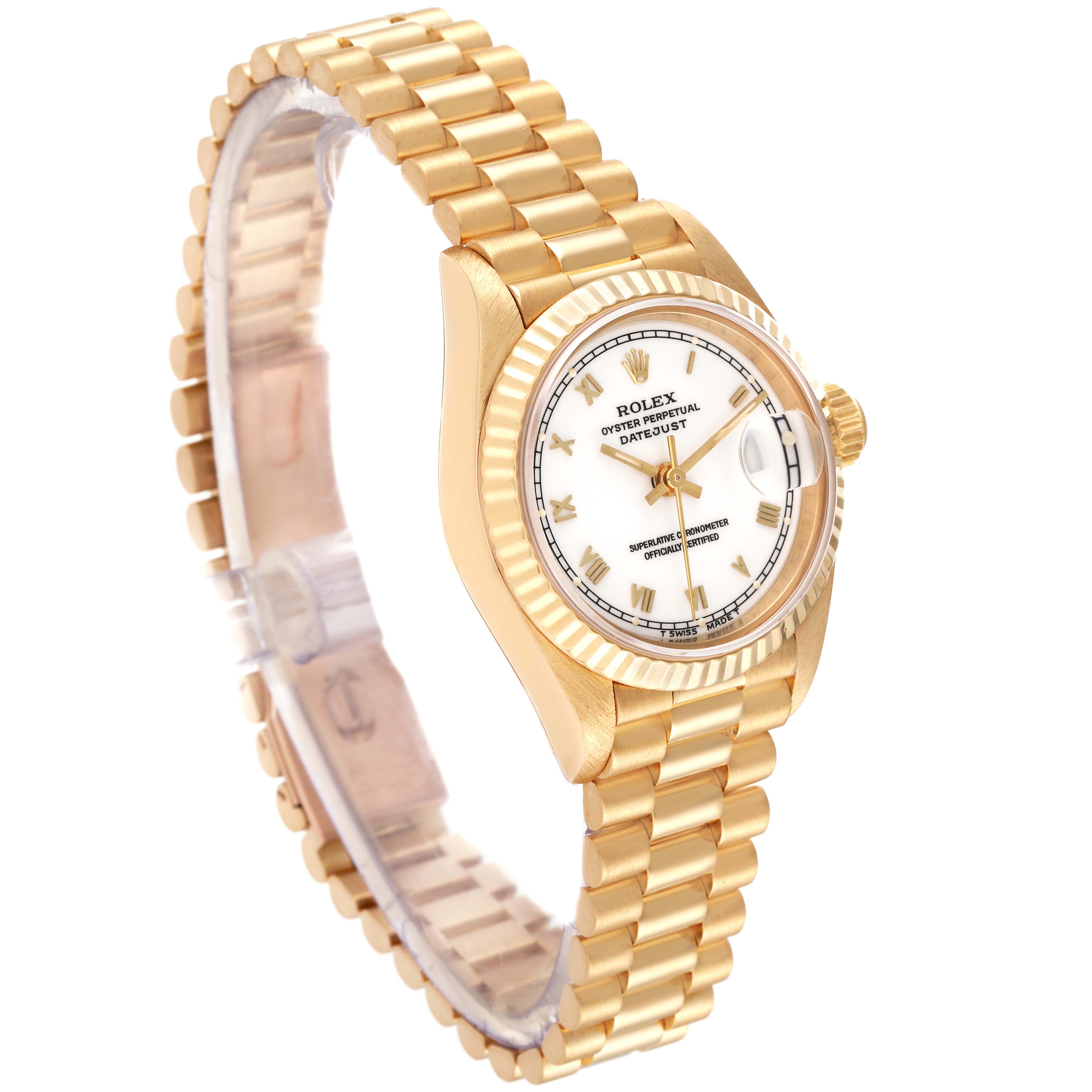 The image shows a Rolex President 69178 Women's Yellow Gold White Dial 69178 Women's Yellow Gold White Dial model watch from a side angle, highlighting the dial, bezel, and bracelet.