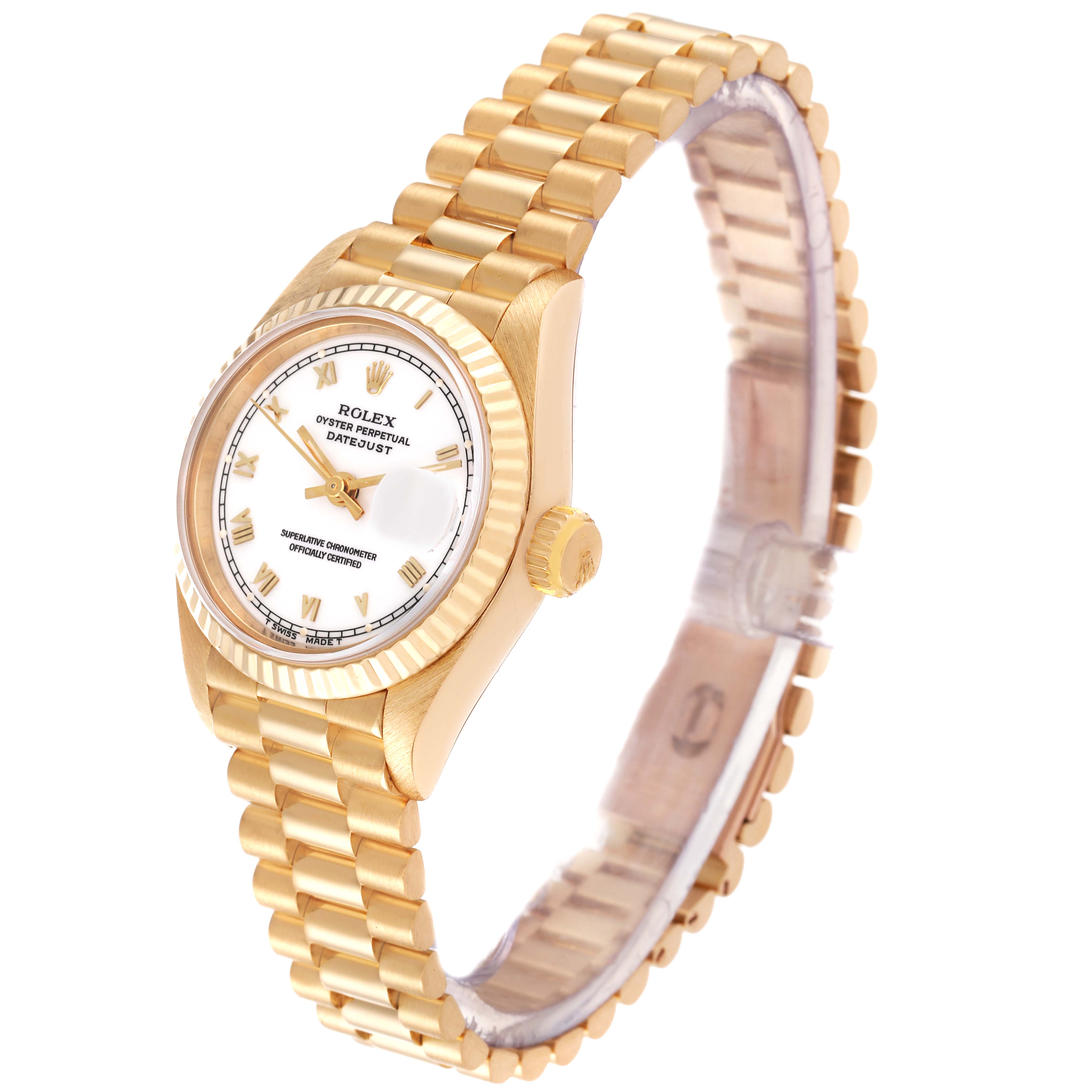 The Rolex President 69178 Women's Yellow Gold White Dial 69178 Women's Yellow Gold White Dial model watch is shown at a three-quarter angle, highlighting the face, crown, and part of the bracelet.