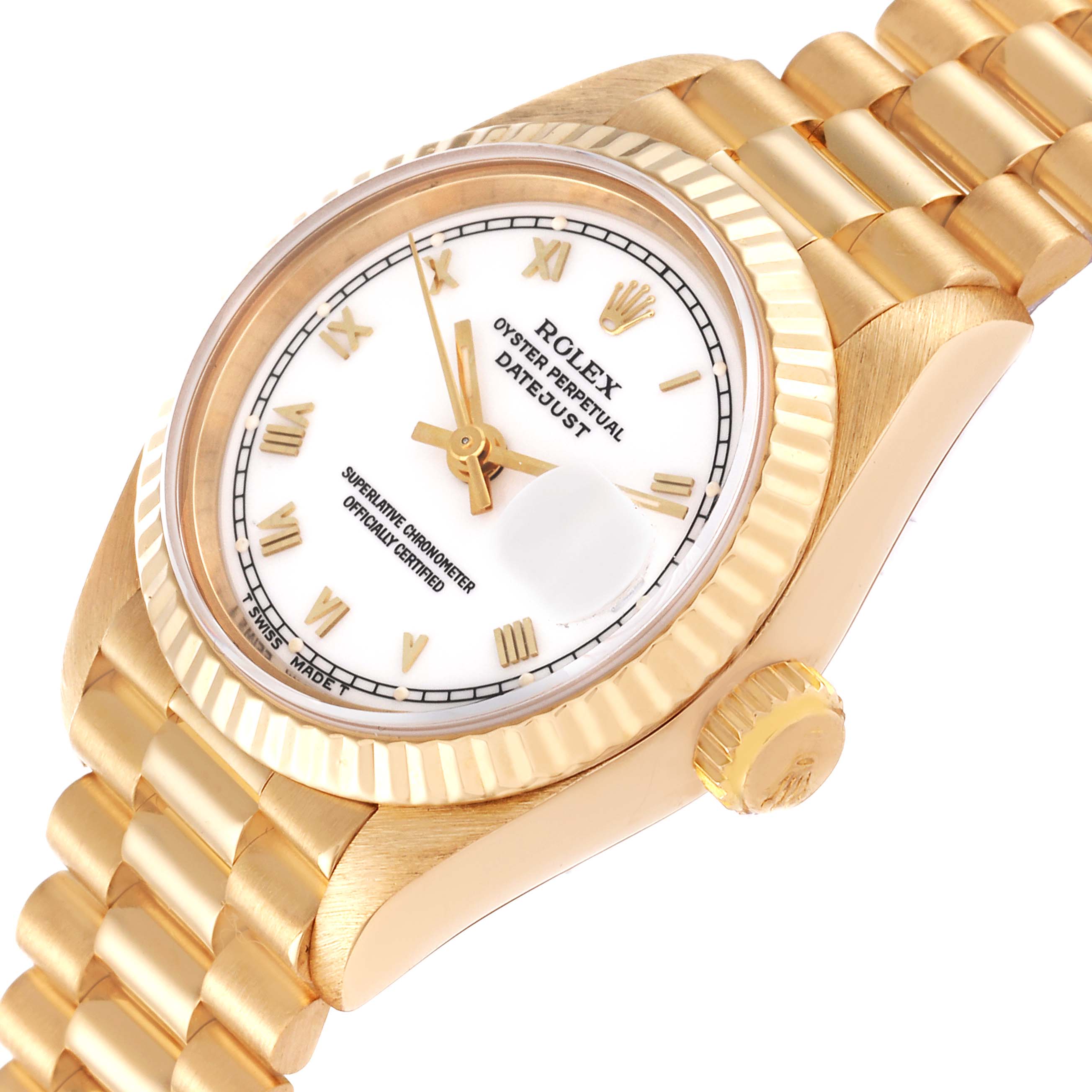 The image shows a Rolex President 69178 Women's Yellow Gold White Dial 69178 Women's Yellow Gold White Dial watch from an oblique angle, displaying the dial, fluted bezel, crown, and part of the bracelet.