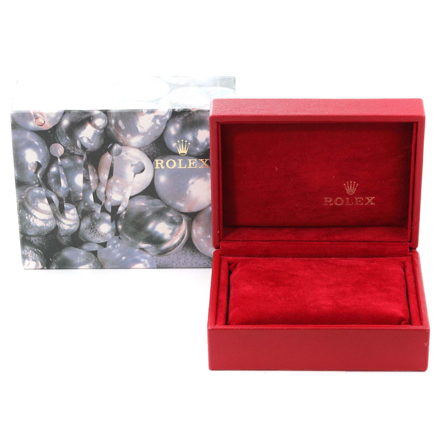 The image shows the open box of a Rolex President 69178 Women's Yellow Gold White Dial 69178 Women's Yellow Gold White Dial model, with the exterior packaging and red watch cushion visible.