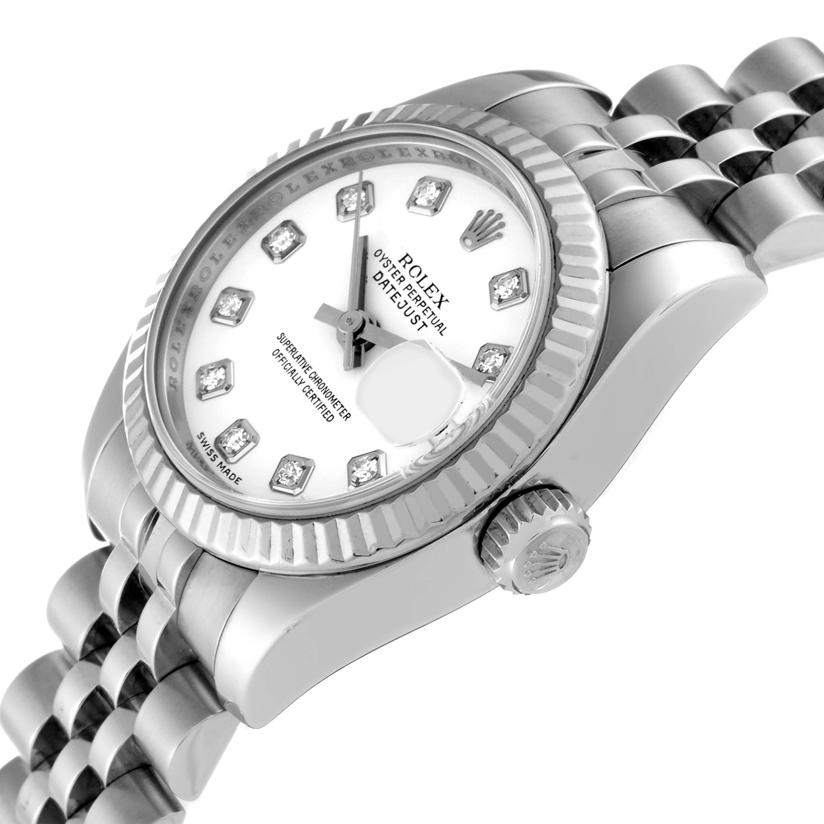 This close-up angle showcases the dial, bezel, crown, and part of the bracelet of the Rolex Datejust M179174 Women's Stainless Steel White Dial M179174 Women's Stainless Steel White Dial watch.