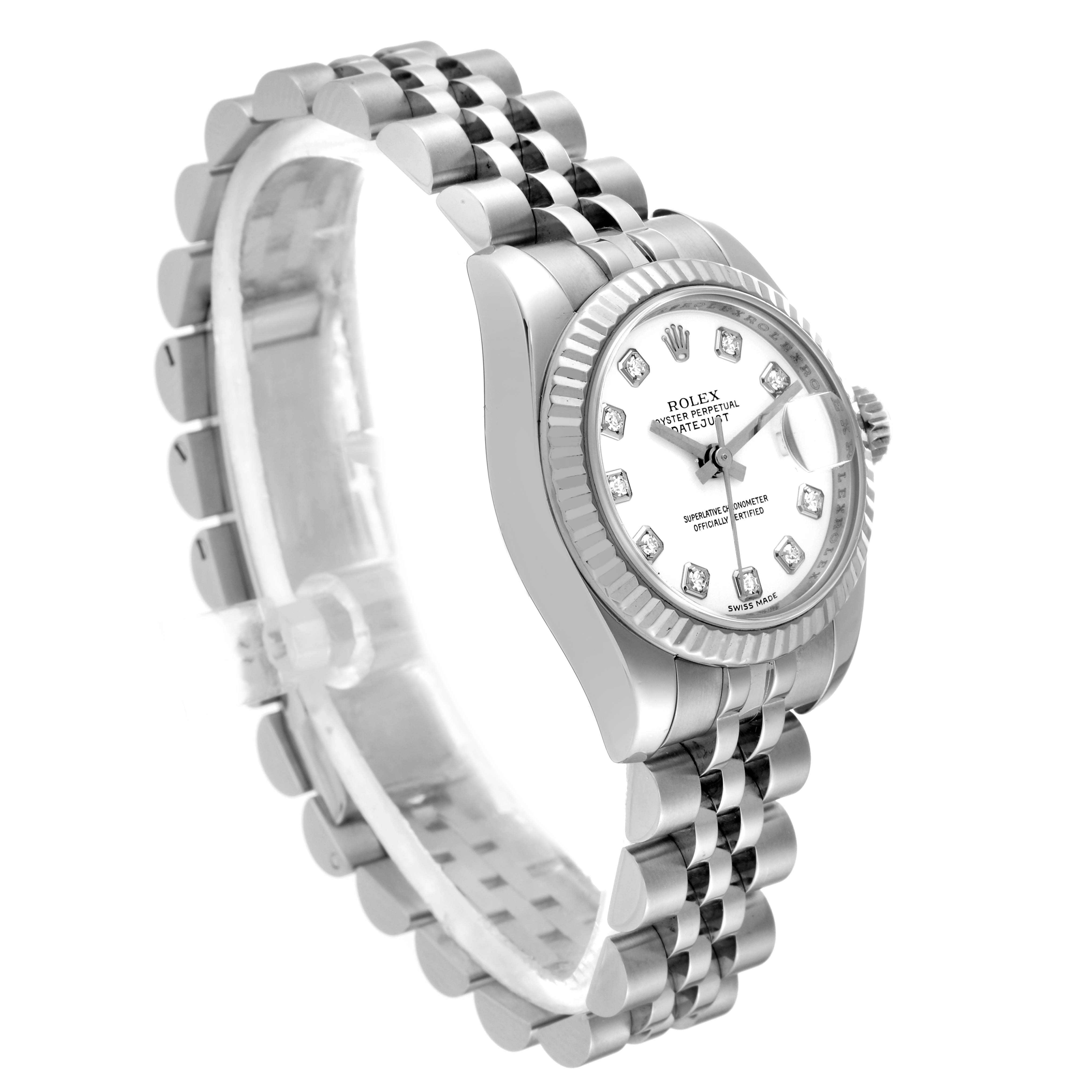 This image shows a Rolex Datejust M179174 Women's Stainless Steel White Dial M179174 Women's Stainless Steel White Dial watch at an angle, highlighting the face, case, and bracelet.