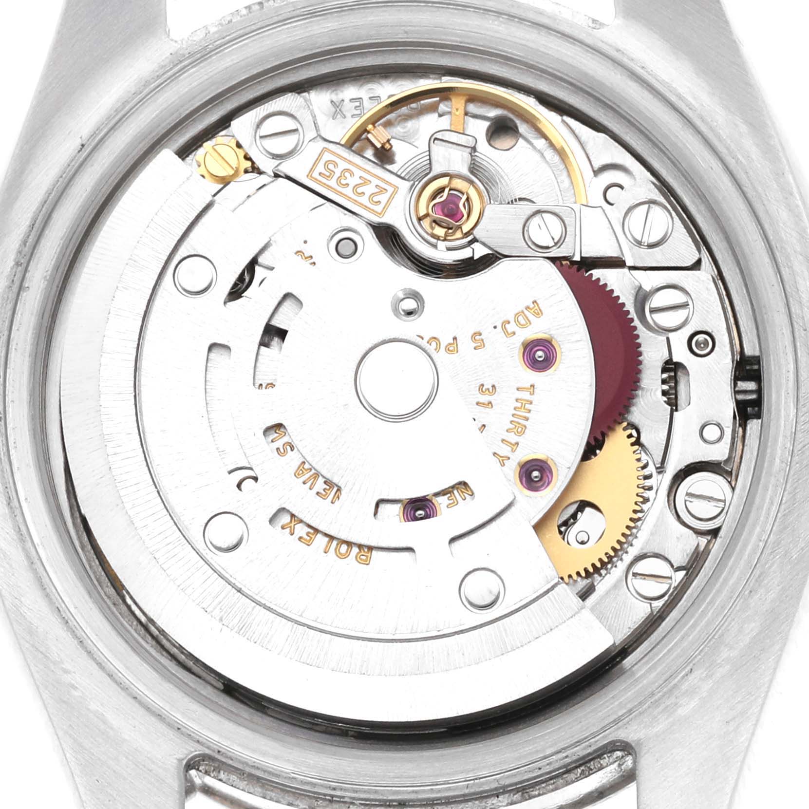 The image shows the inner mechanism of a Rolex Datejust M179174 Women's Stainless Steel White Dial M179174 Women's Stainless Steel White Dial watch, viewed from the back with the case removed.