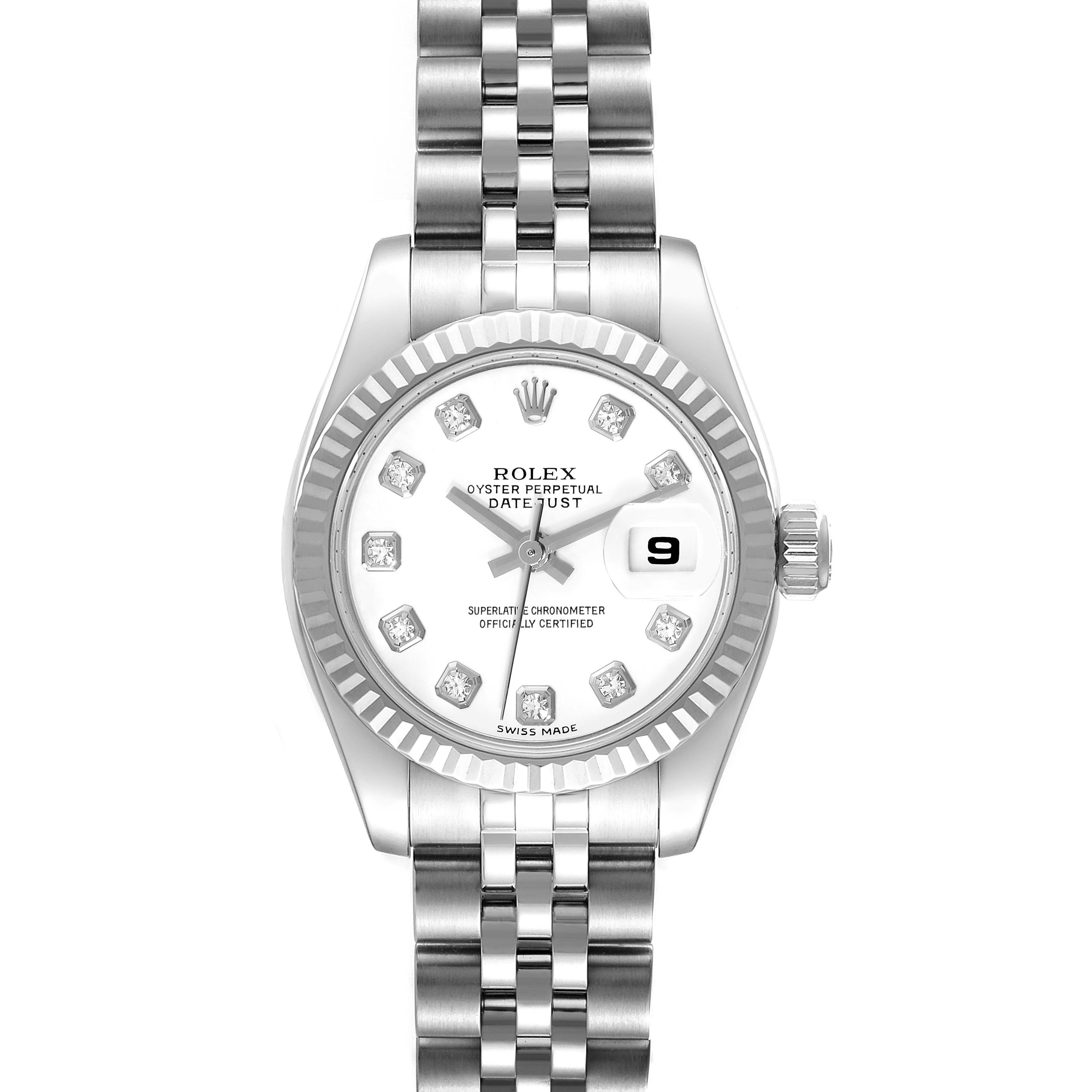 The image shows a front view of the Rolex Datejust M179174 Women's Stainless Steel White Dial M179174 Women's Stainless Steel White Dial watch, featuring its dial, bracelet, and bezel.
