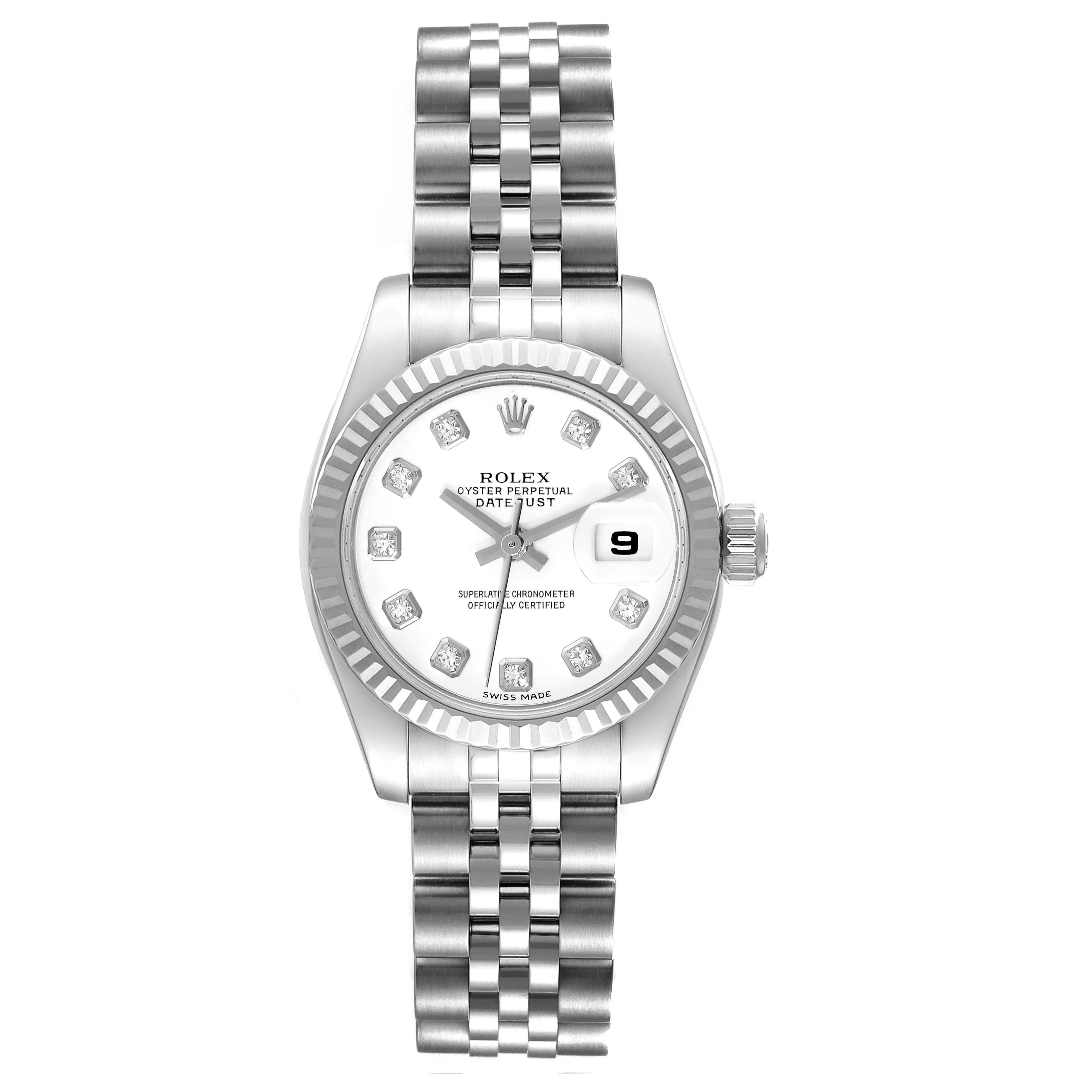 The image shows a front-facing view of a Rolex Datejust M179174 Women's Stainless Steel White Dial M179174 Women's Stainless Steel White Dial watch, featuring its face, bezel, and bracelet.