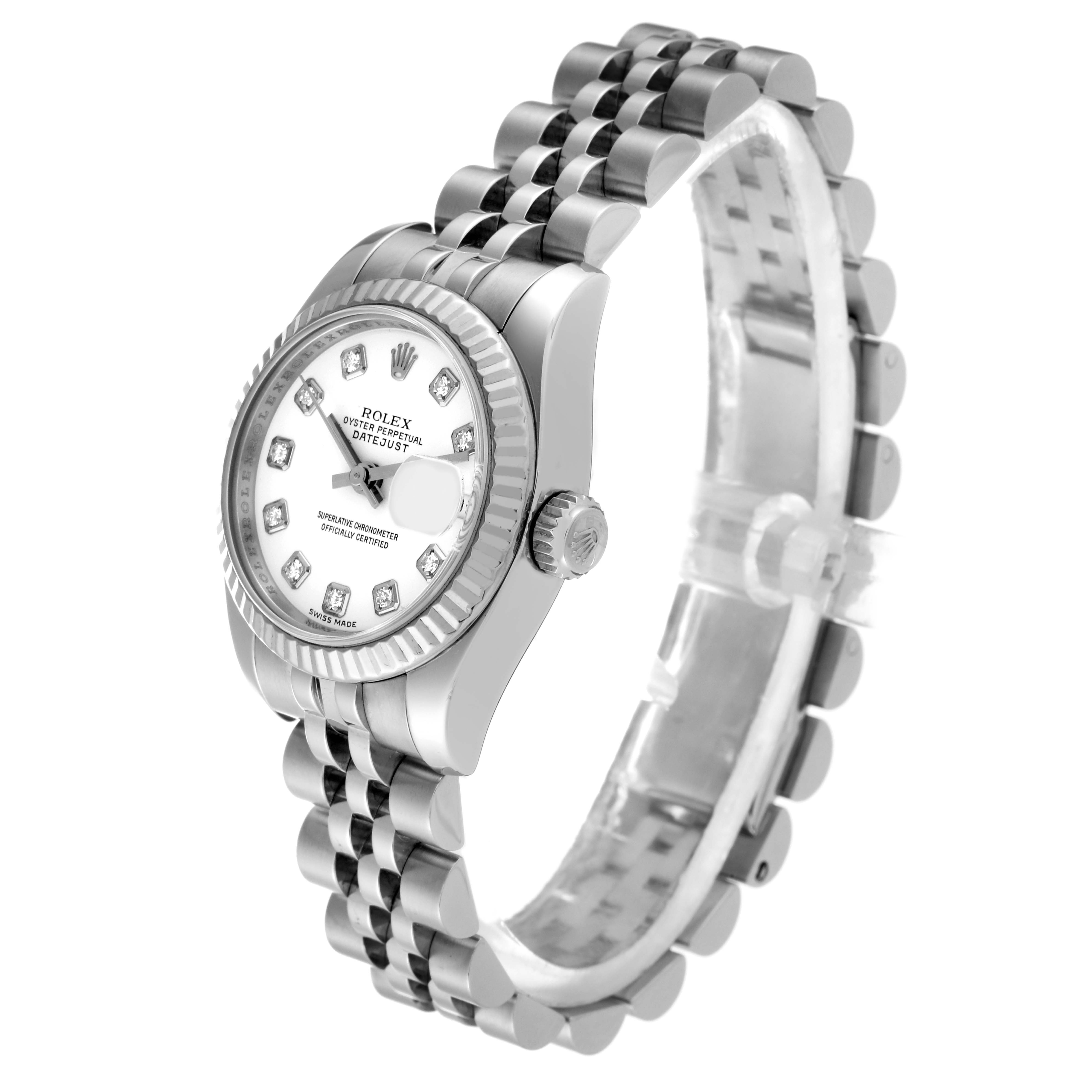 This is a side-angle view of a Rolex Datejust M179174 Women's Stainless Steel White Dial M179174 Women's Stainless Steel White Dial watch, showing the face, crown, and the full bracelet.