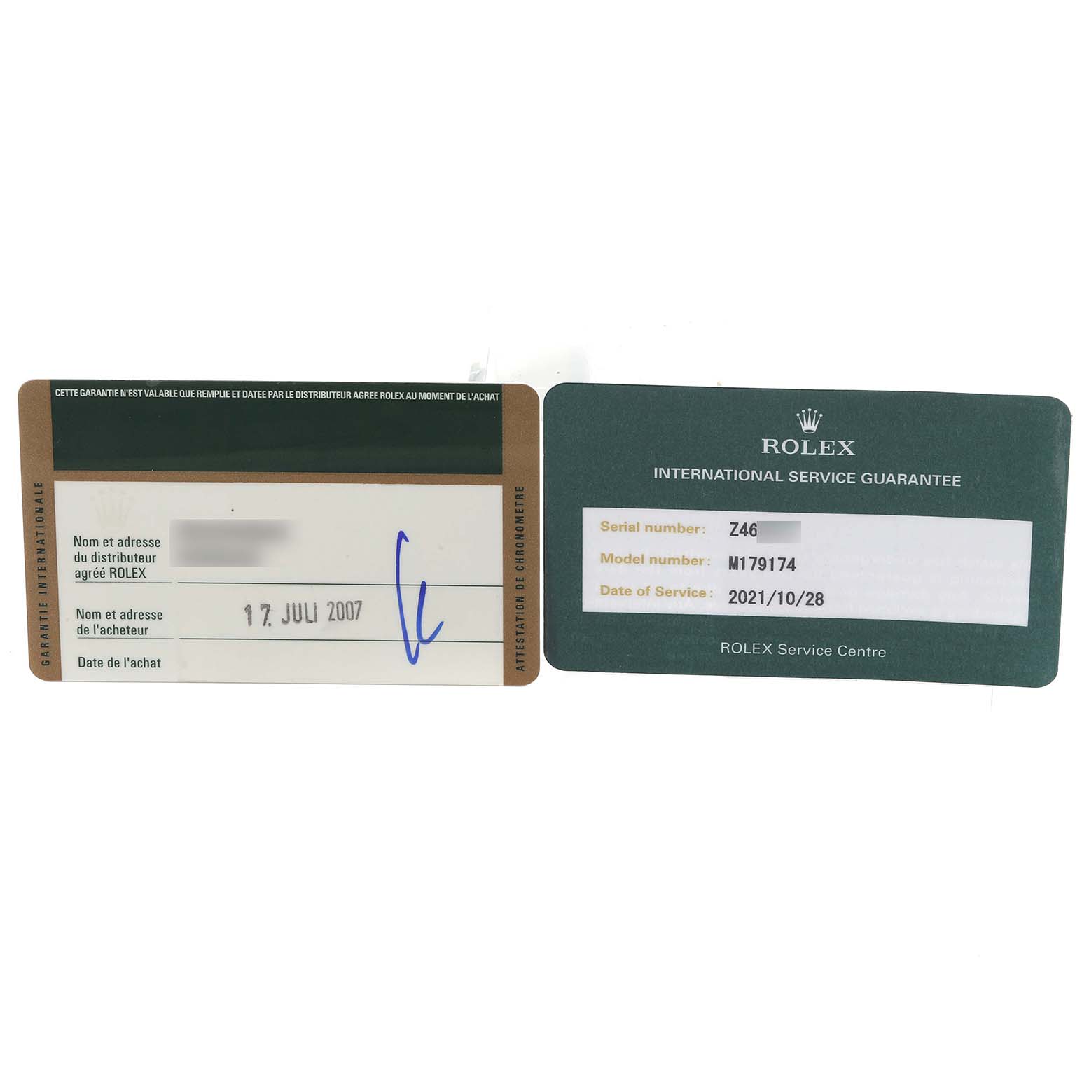 The image shows warranty and service guarantee cards for a Rolex Datejust M179174 Women's Stainless Steel White Dial M179174 Women's Stainless Steel White Dial model.
