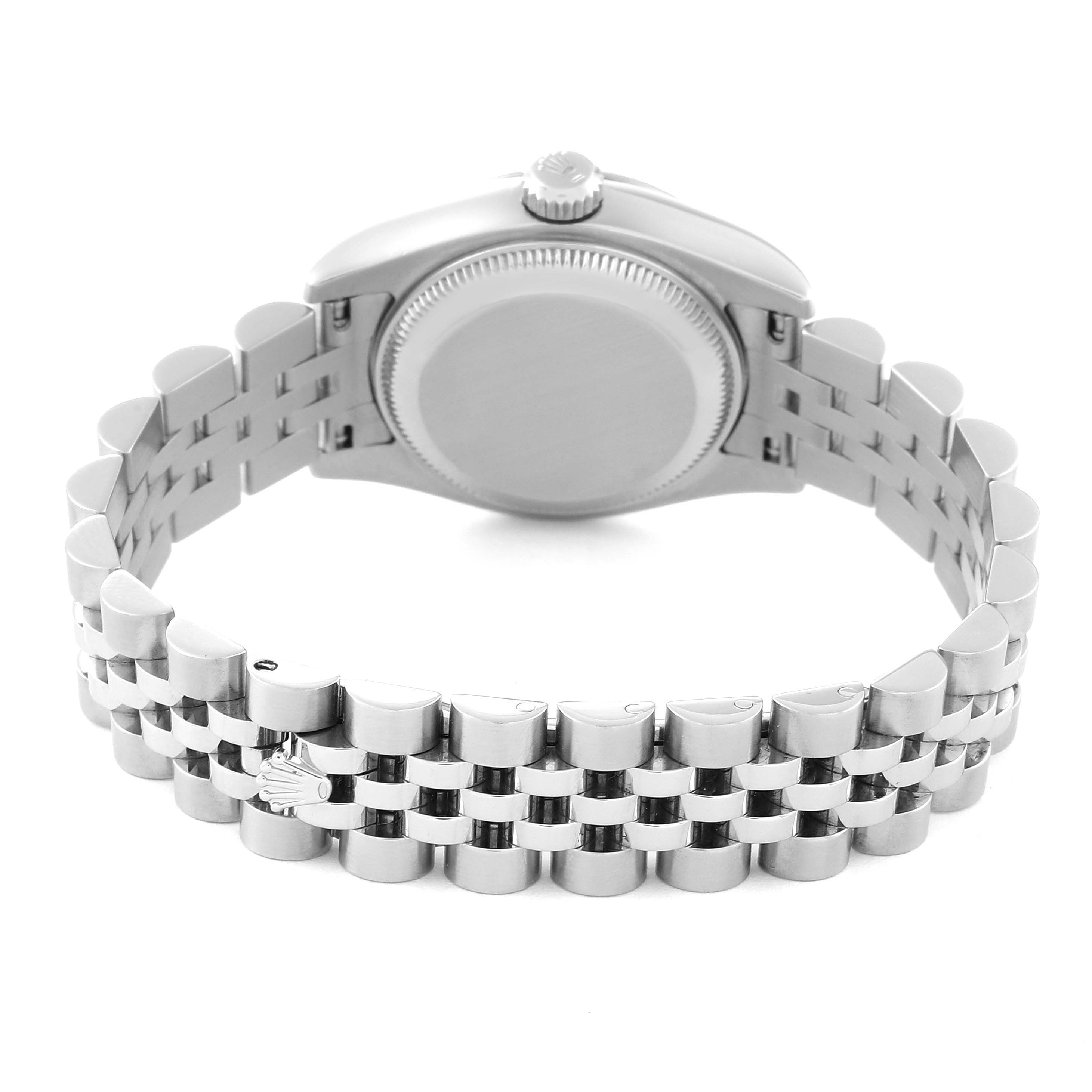 The image shows the back and bracelet of a Rolex Datejust M179174 Women's Stainless Steel White Dial M179174 Women's Stainless Steel White Dial watch.