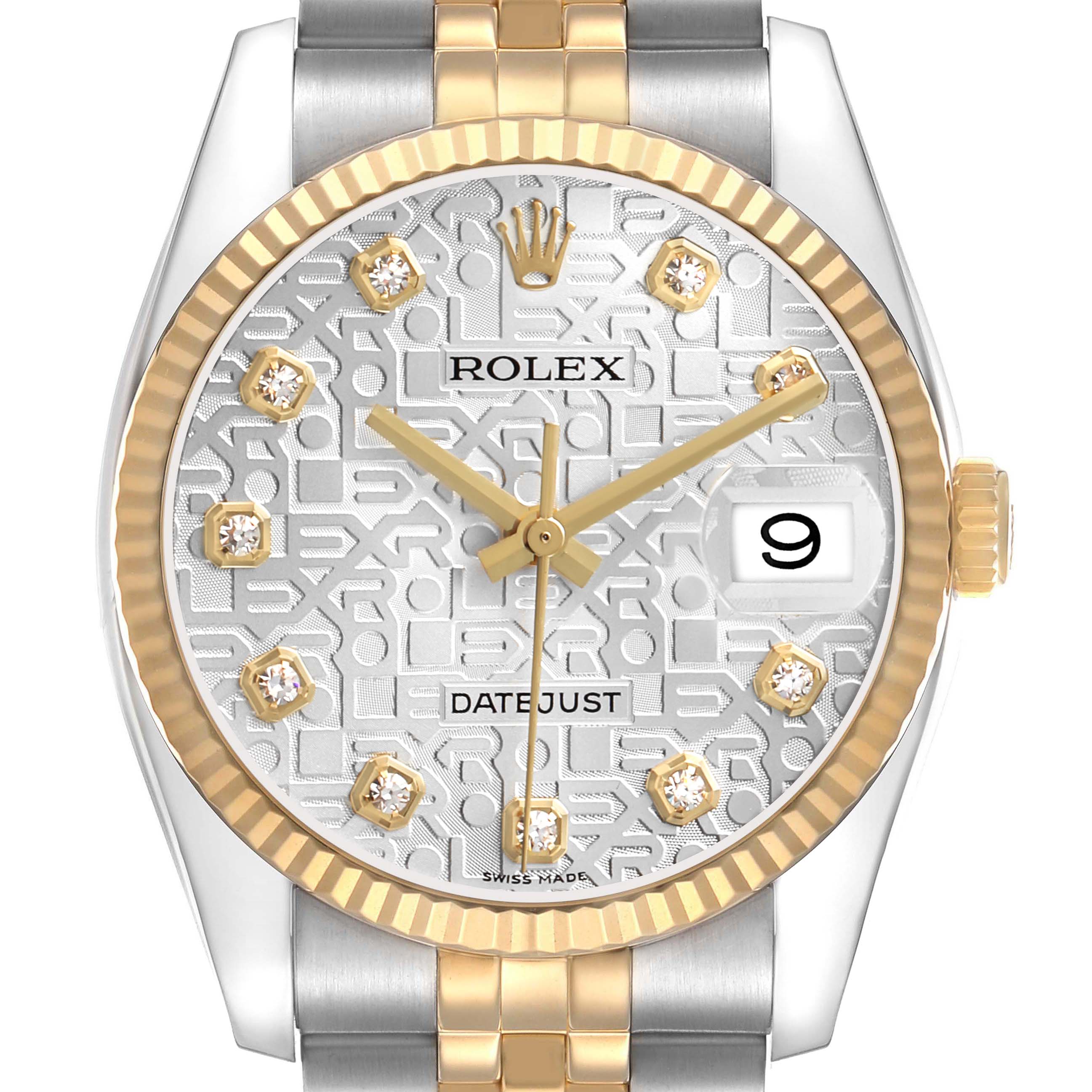 The Rolex Datejust 116233 Men's Steel and Gold (two tone) Silver Dial watch is shown from a front angle, featuring a two-tone bracelet, gold fluted bezel, and diamond hour markers.