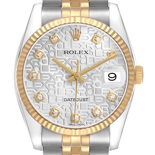 The Rolex Datejust 116233 Men's Steel and Gold (two tone) Silver Dial model is shown from a frontal angle, highlighting the dial, bezel, crown, and part of the bracelet.