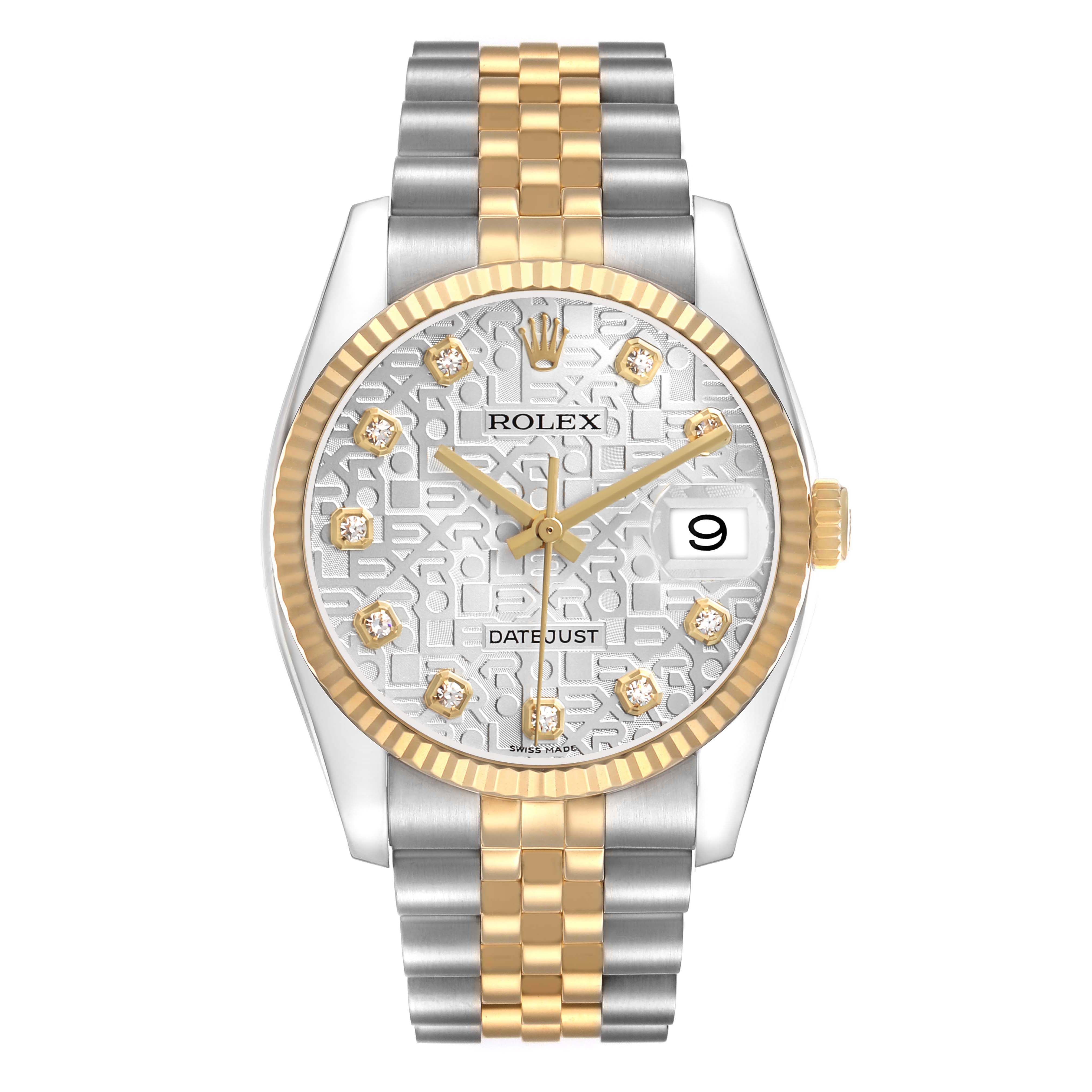 The Rolex Datejust 116233 Men's Steel and Gold (two tone) Silver Dial watch is shown from the front, highlighting its dial, bezel, crown, and jubilee bracelet.