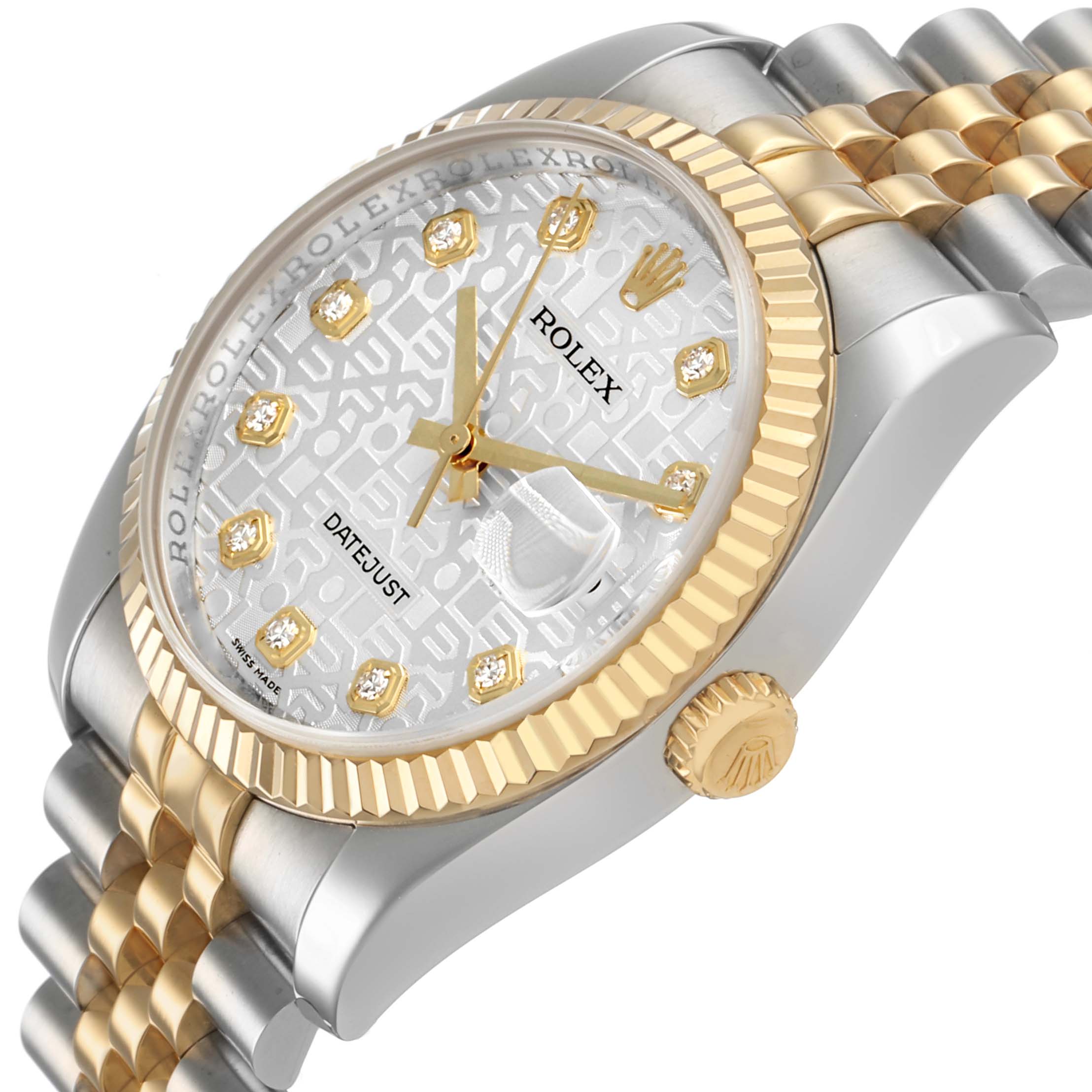 The Rolex Datejust 116233 Men's Steel and Gold (two tone) Silver Dial watch is shown at a slight angle, highlighting its face, case, bezel, and part of the bracelet.
