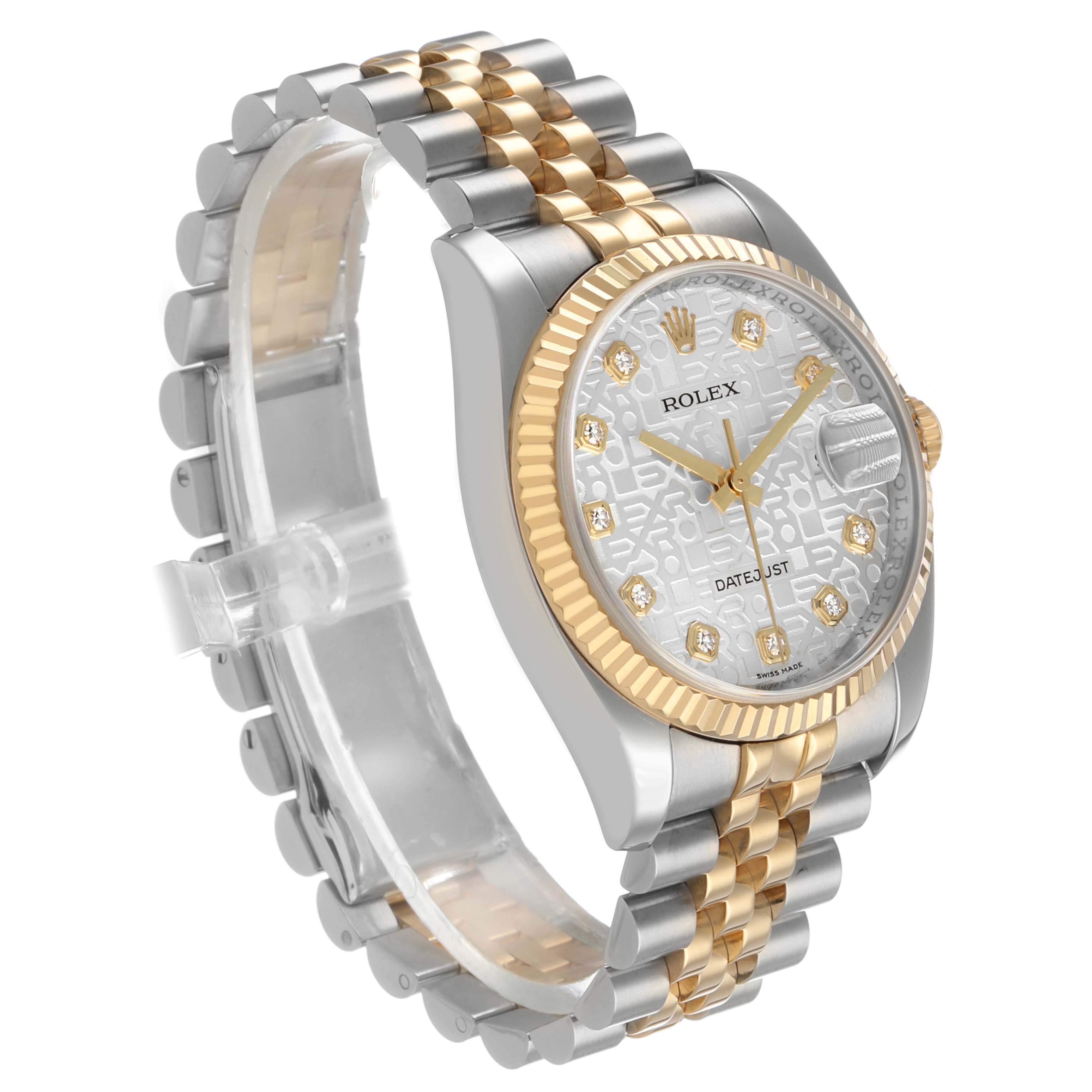 The Rolex Datejust 116233 Men's Steel and Gold (two tone) Silver Dial watch is shown at a slight angle, highlighting its gold and silver jubilee bracelet and fluted bezel.