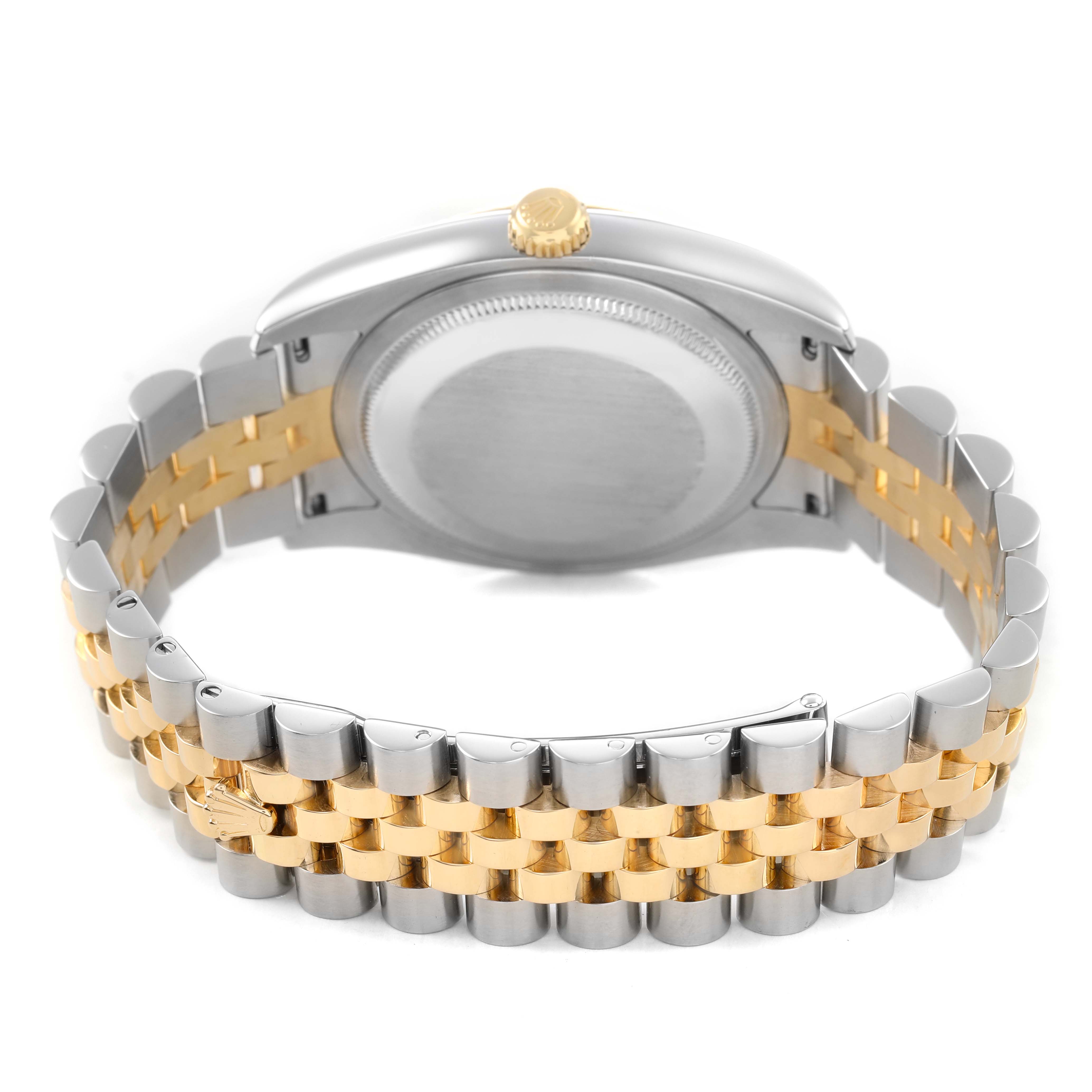 The image shows the back case and bracelet clasp of a Rolex Datejust 116233 Men's Steel and Gold (two tone) Silver Dial, emphasizing the metal links and crown.