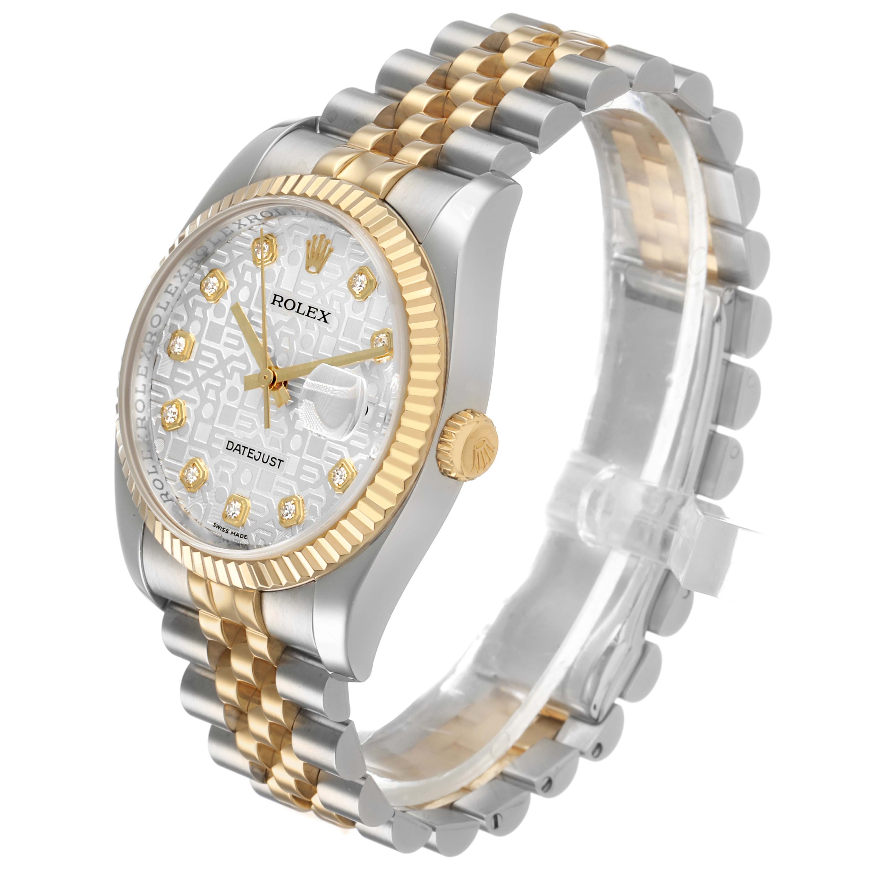 The Rolex Datejust 116233 Men's Steel and Gold (two tone) Silver Dial watch is shown at a three-quarter angle, displaying the dial, bezel, crown, and part of the bracelet.