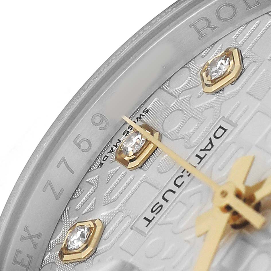 The image shows a close-up of the Rolex Datejust 116233 Men's Steel and Gold (two tone) Silver Dial dial, featuring diamond indices and gold hands.