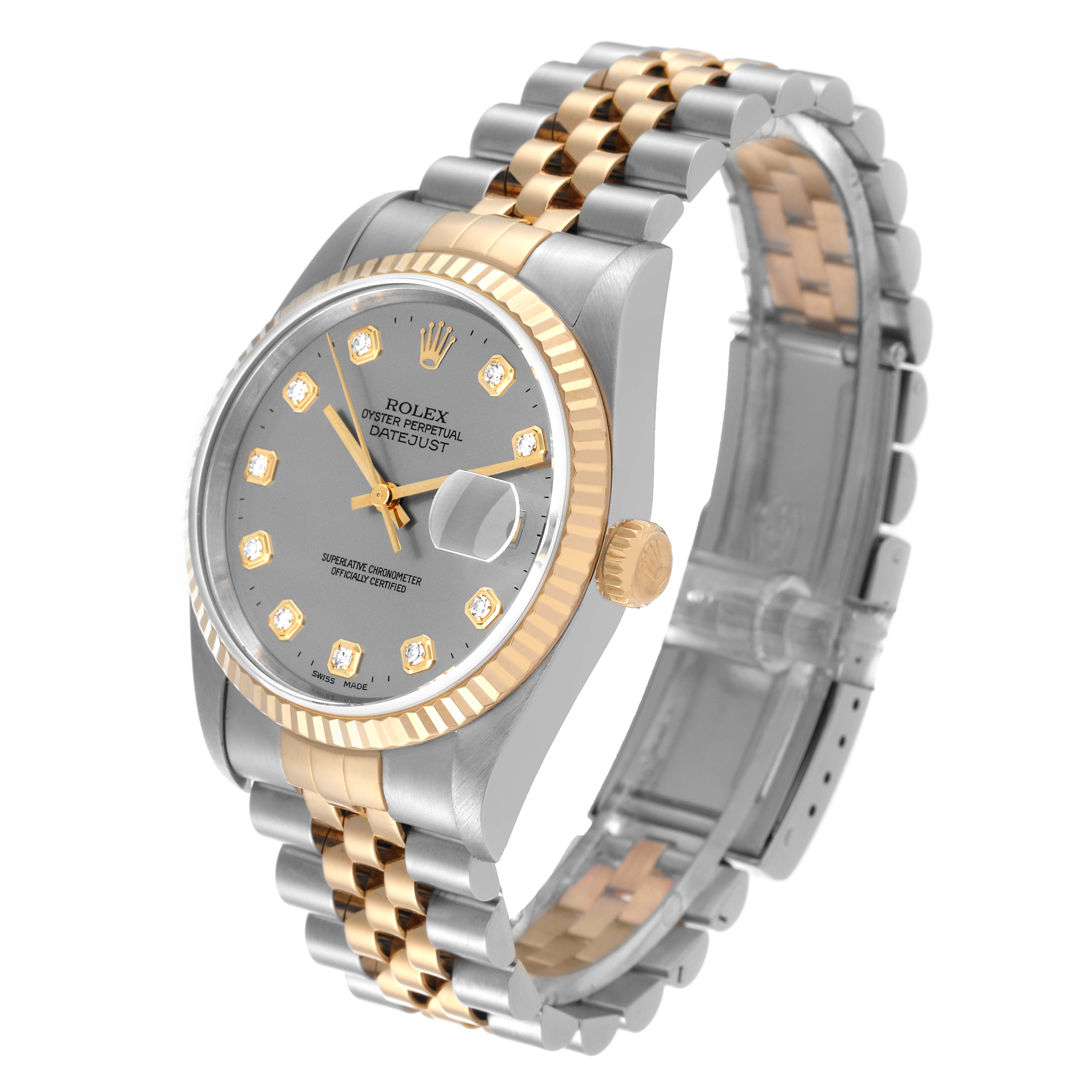 This image shows a Rolex Datejust 16233 Men's Steel and Gold (two tone) Silver Dial 16233 Men's Steel and Gold (two tone) Silver Dial watch at a slight angle, displaying its face, bezel, crown, and two-tone bracelet.