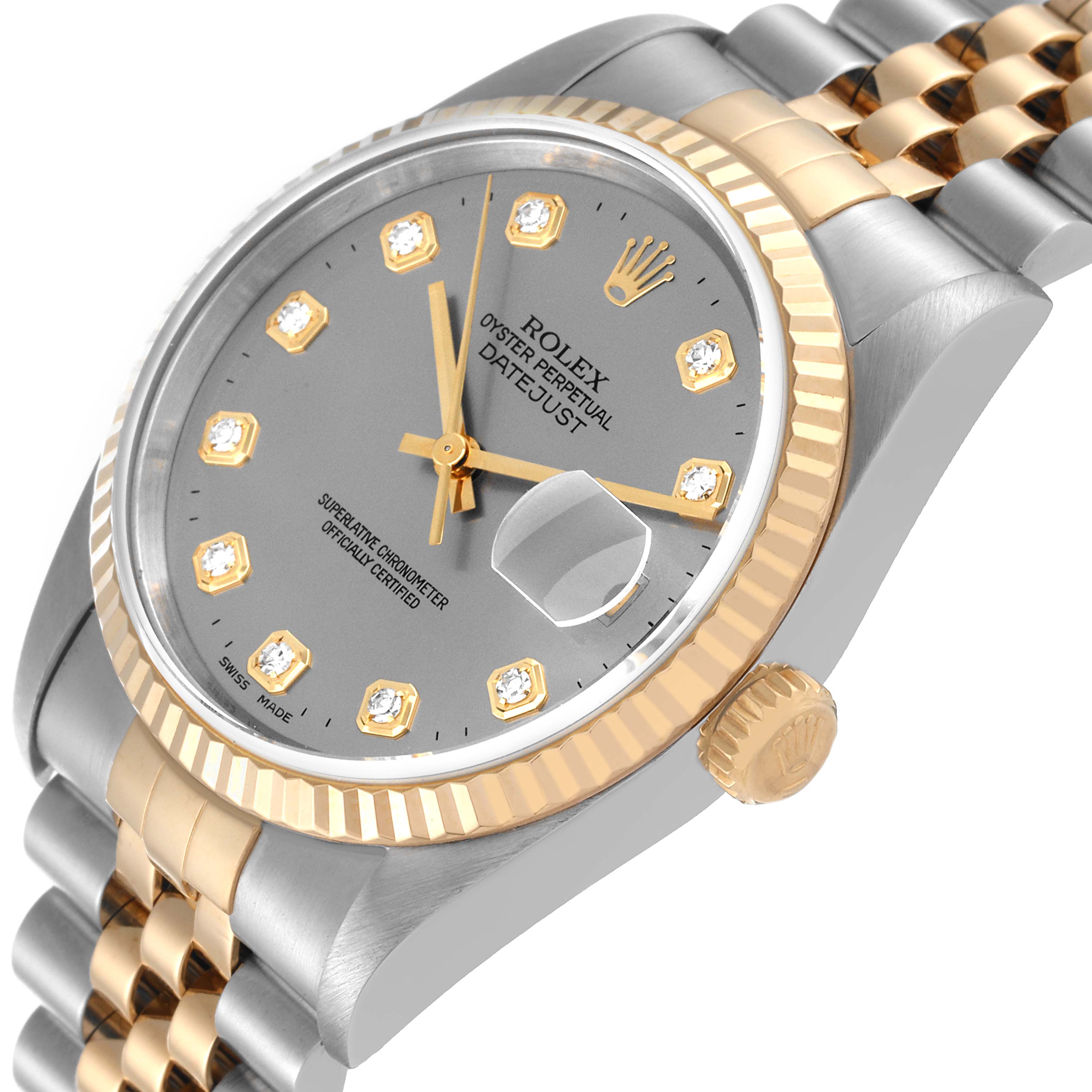 The image shows a Rolex Datejust 16233 Men's Steel and Gold (two tone) Silver Dial 16233 Men's Steel and Gold (two tone) Silver Dial watch at an angled close-up, highlighting the dial, bezel, crown, and part of the band.