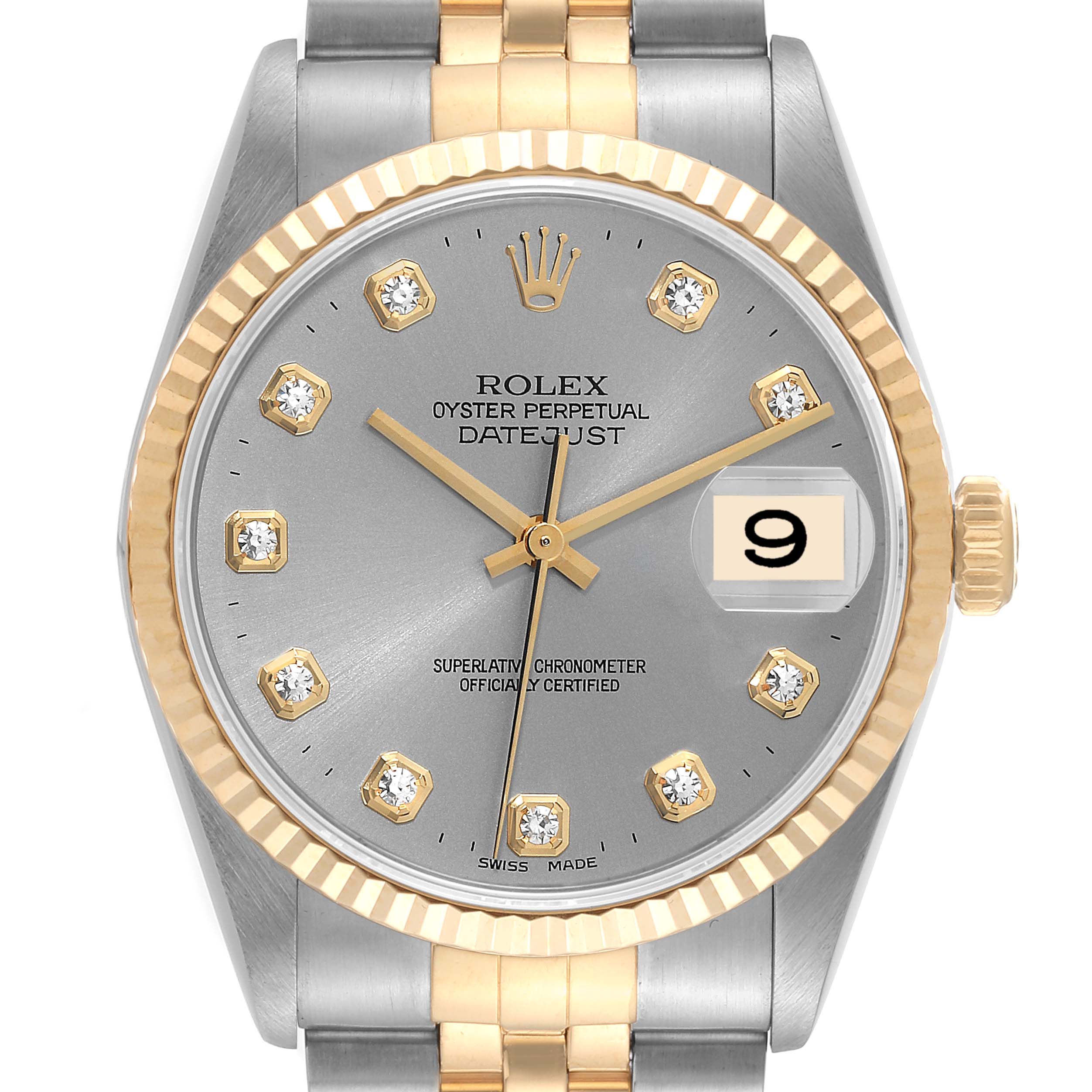 The image shows a front view of the Rolex Datejust 16233 Men's Steel and Gold (two tone) Silver Dial 16233 Men's Steel and Gold (two tone) Silver Dial watch, displaying its face, bezel, crown, and part of the bracelet.