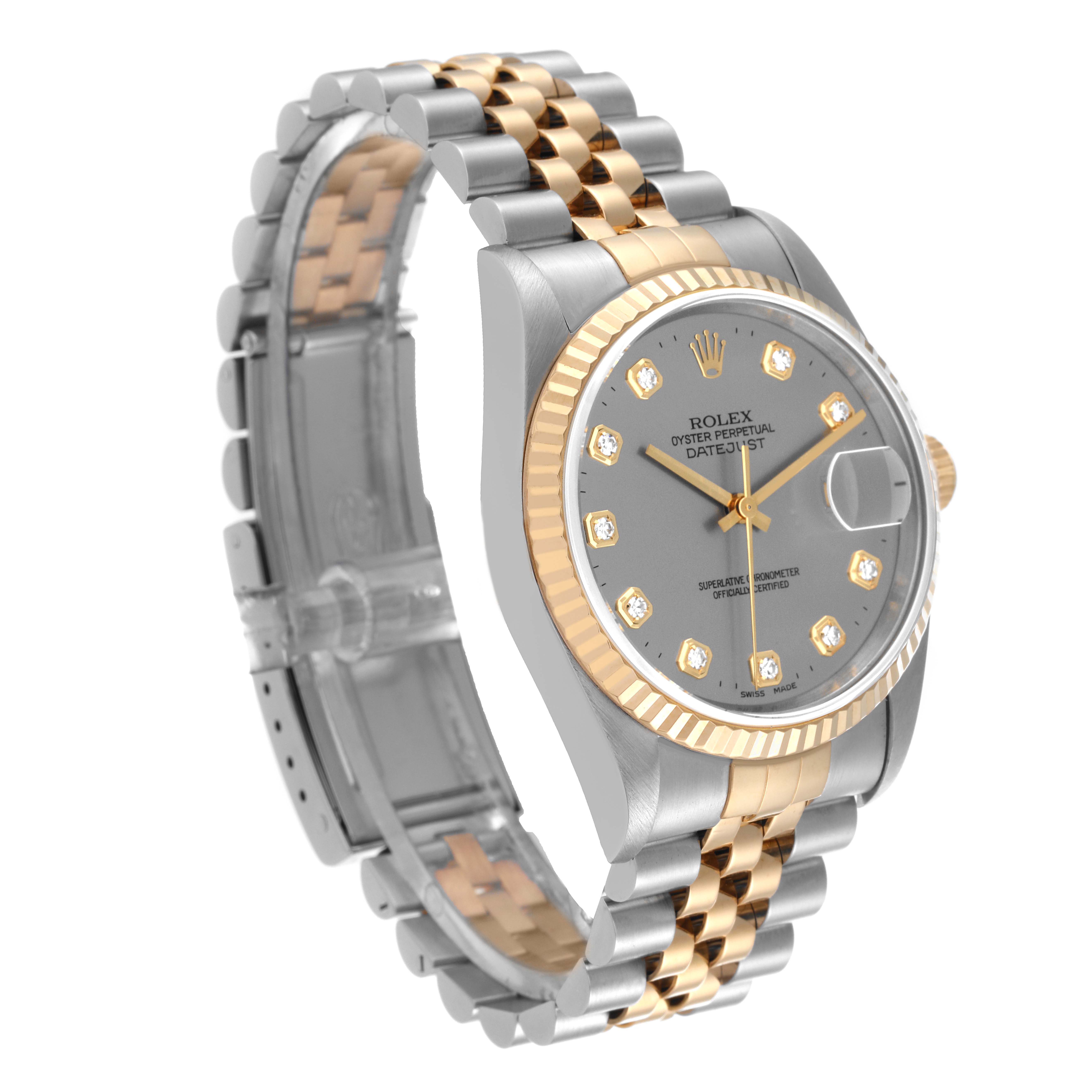 This image shows the Rolex Datejust 16233 Men's Steel and Gold (two tone) Silver Dial 16233 Men's Steel and Gold (two tone) Silver Dial watch at a three-quarter angle, highlighting the face, bezel, crown, and bracelet.