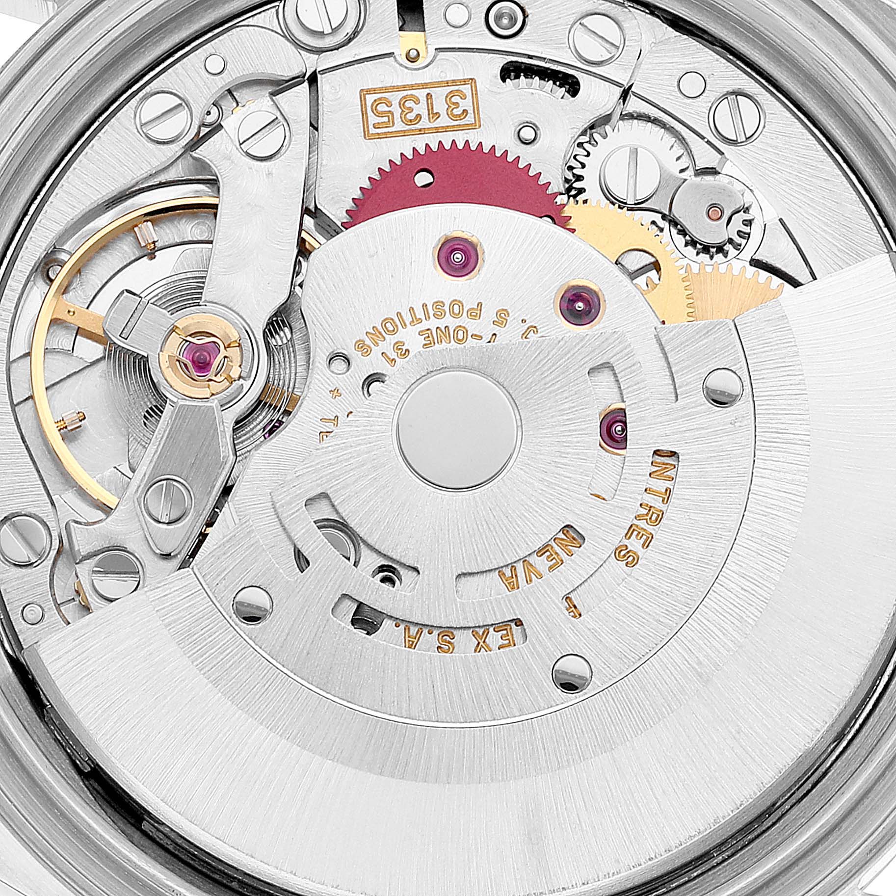 The image shows the intricate internal mechanics of a Rolex Datejust 16233 Men's Steel and Gold (two tone) Silver Dial 16233 Men's Steel and Gold (two tone) Silver Dial watch, highlighting the movement components.