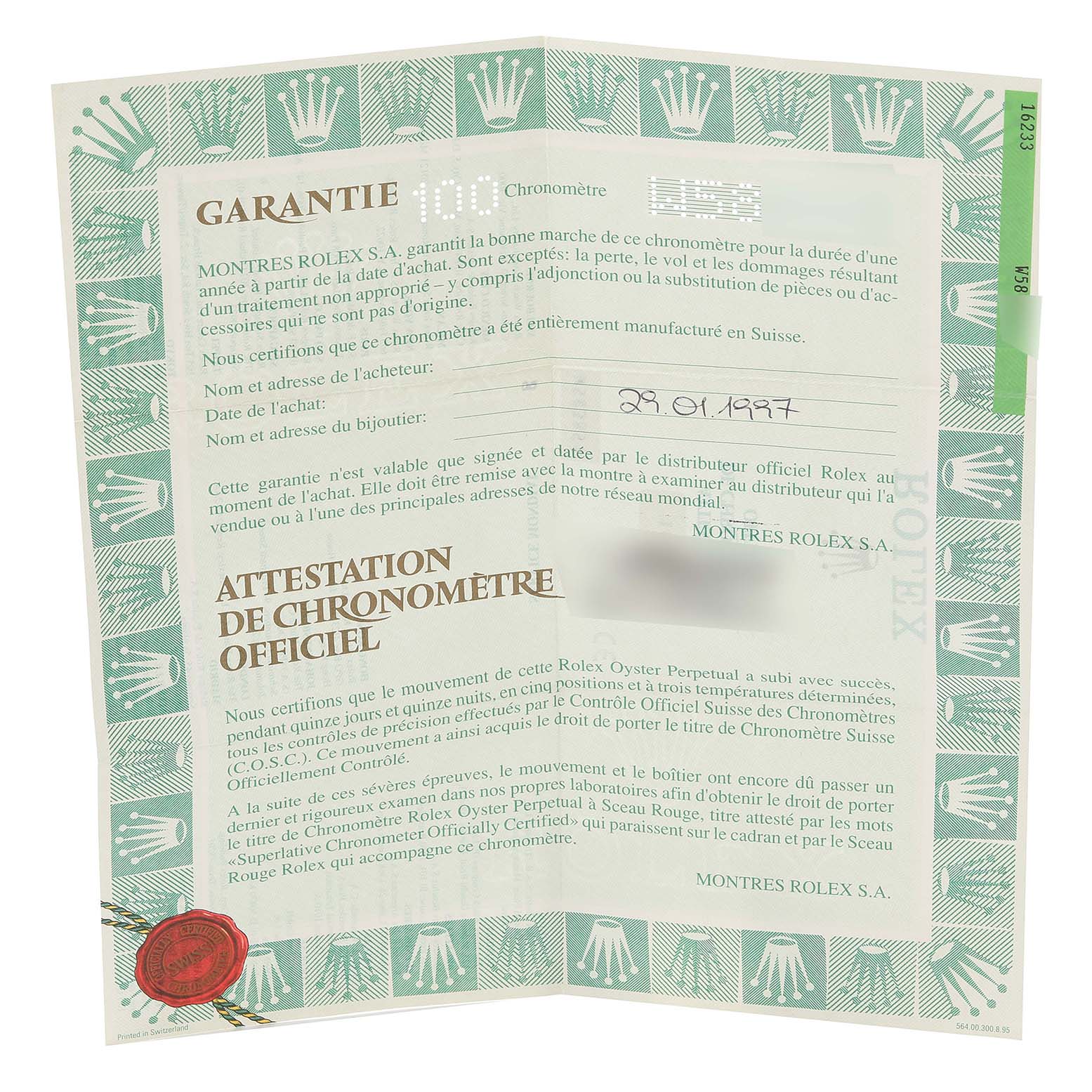 The image shows a guarantee certificate for a Rolex Datejust 16233 Men's Steel and Gold (two tone) Silver Dial 16233 Men's Steel and Gold (two tone) Silver Dial watch, including purchase information and official chronometer certification details.