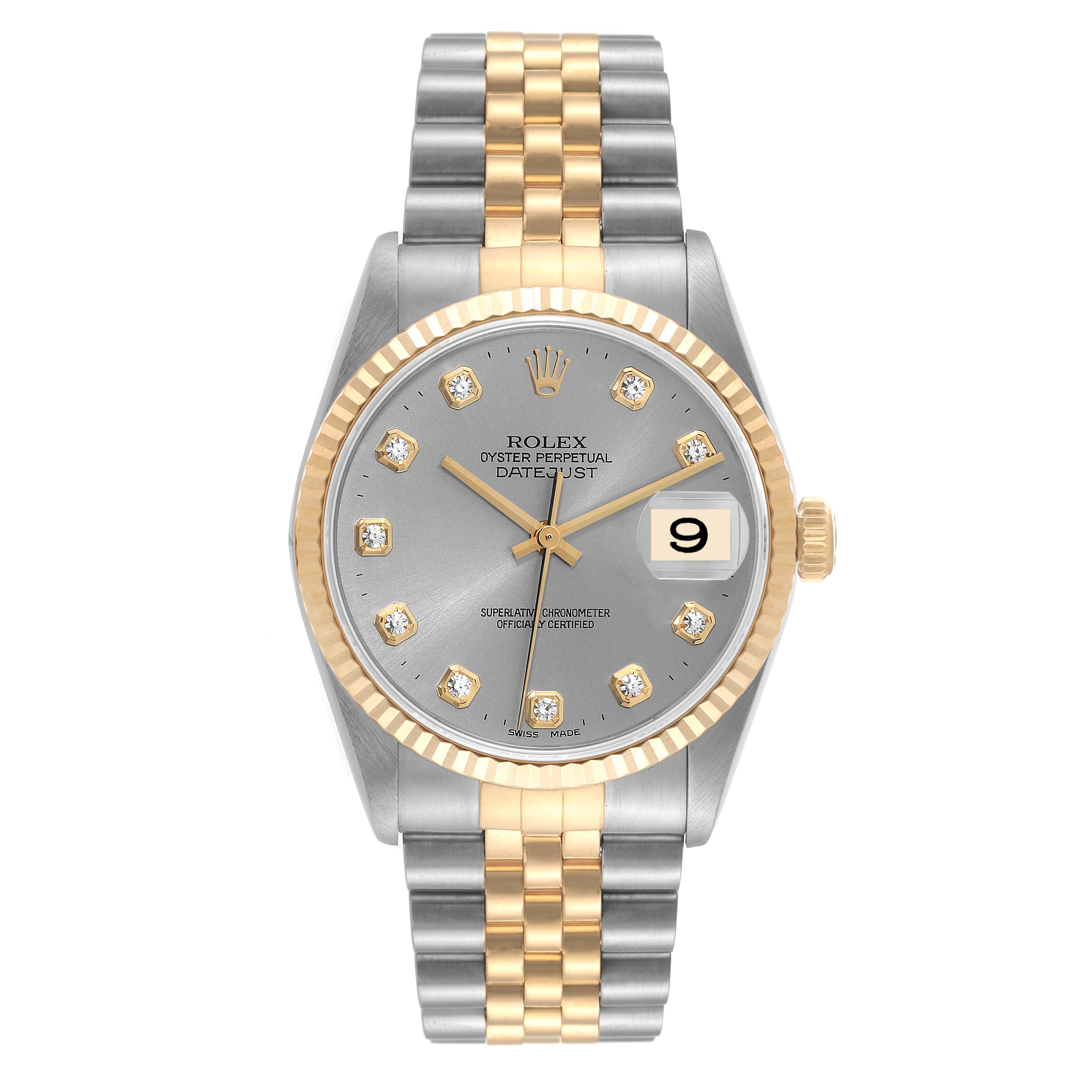 This image shows a frontal view of the Rolex Datejust 16233 Men's Steel and Gold (two tone) Silver Dial 16233 Men's Steel and Gold (two tone) Silver Dial watch model, highlighting its dial, bezel, and bracelet.
