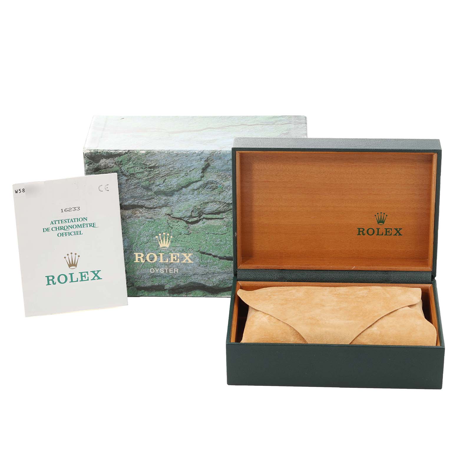 This image shows the packaging and certificate that come with a Rolex Datejust 16233 Men's Steel and Gold (two tone) Silver Dial 16233 Men's Steel and Gold (two tone) Silver Dial watch, including a Rolex box and attestation document.