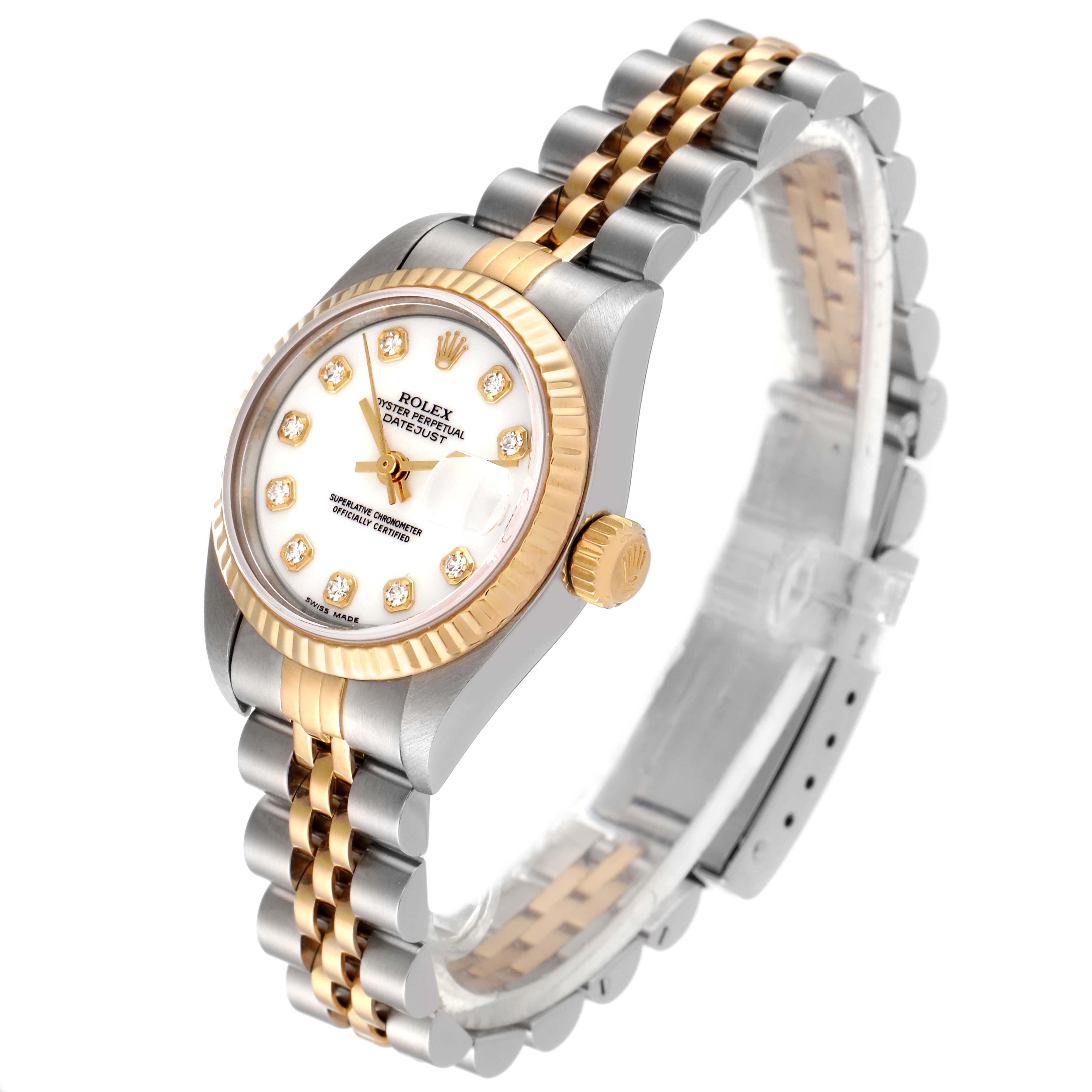 The image shows a side and top view of a Rolex Datejust 69173 Women's Steel and Gold (two tone) White Dial 69173 Women's Steel and Gold (two tone) White Dial watch, highlighting its bezel, dial, crown, and bracelet.