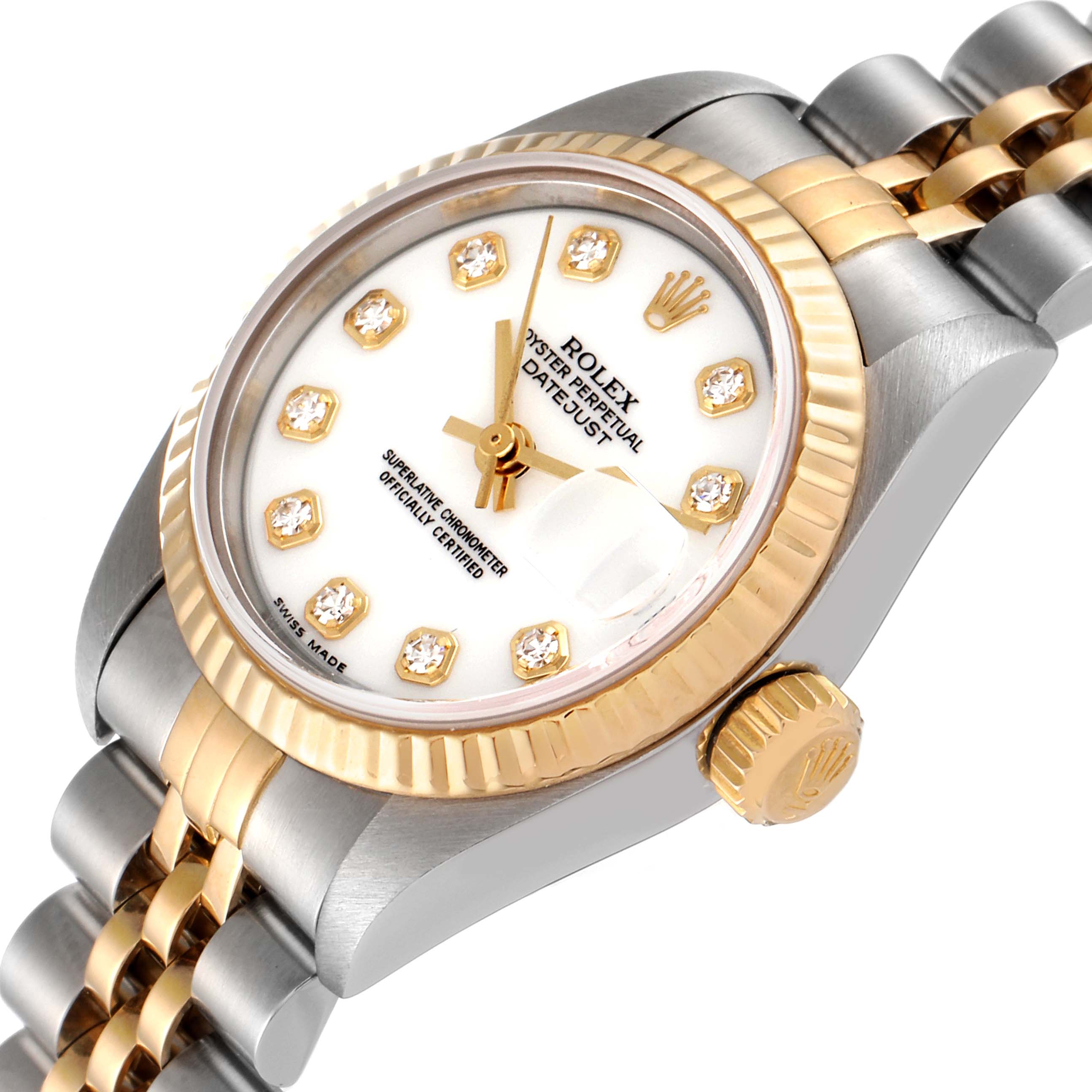 The image shows a close-up angle of a Rolex Datejust 69173 Women's Steel and Gold (two tone) White Dial 69173 Women's Steel and Gold (two tone) White Dial watch, featuring a gold bezel, crown, diamond markers, and a two-tone bracelet.