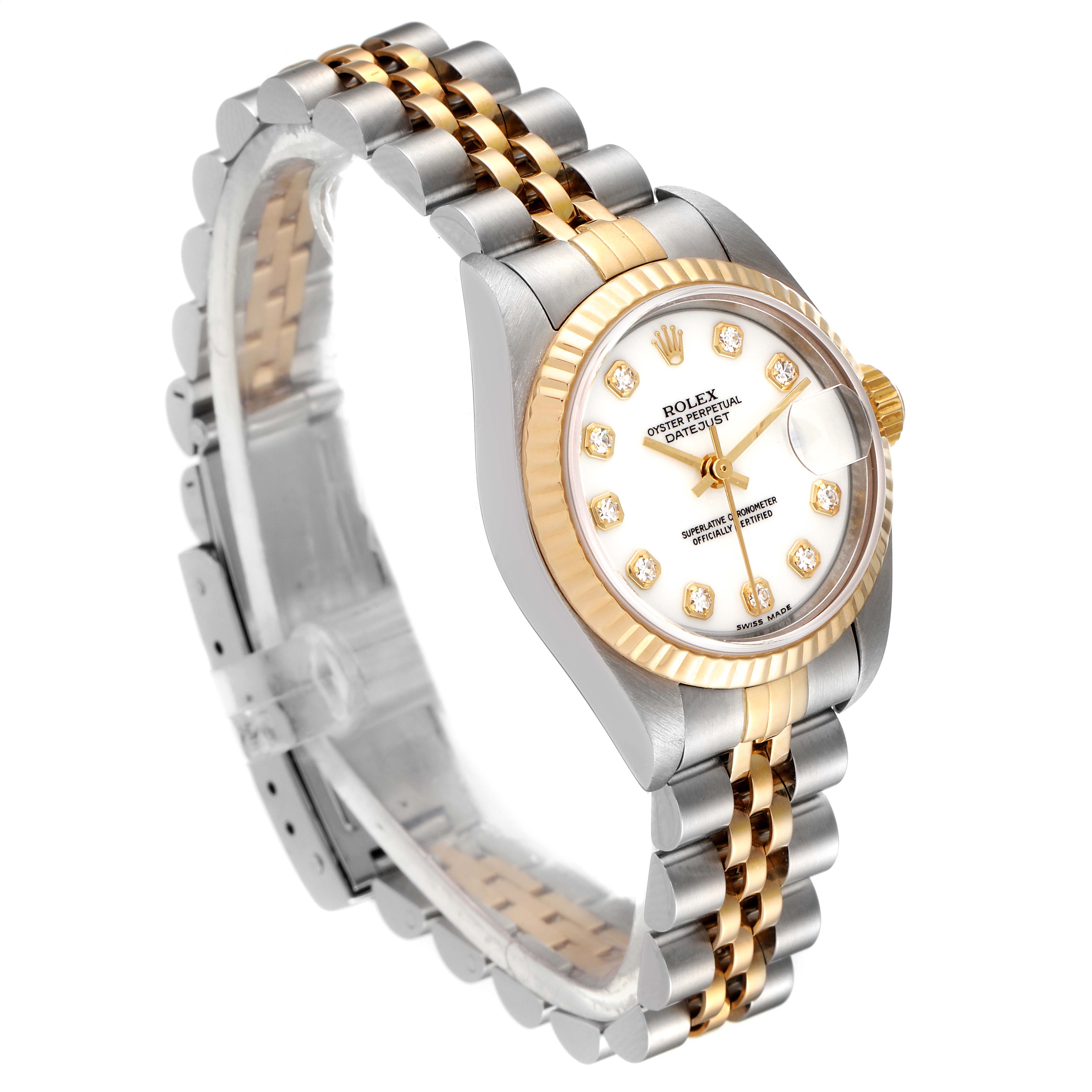 The image shows a side angle of a Rolex Datejust 69173 Women's Steel and Gold (two tone) White Dial 69173 Women's Steel and Gold (two tone) White Dial watch with a two-tone metal bracelet and diamond hour markers.