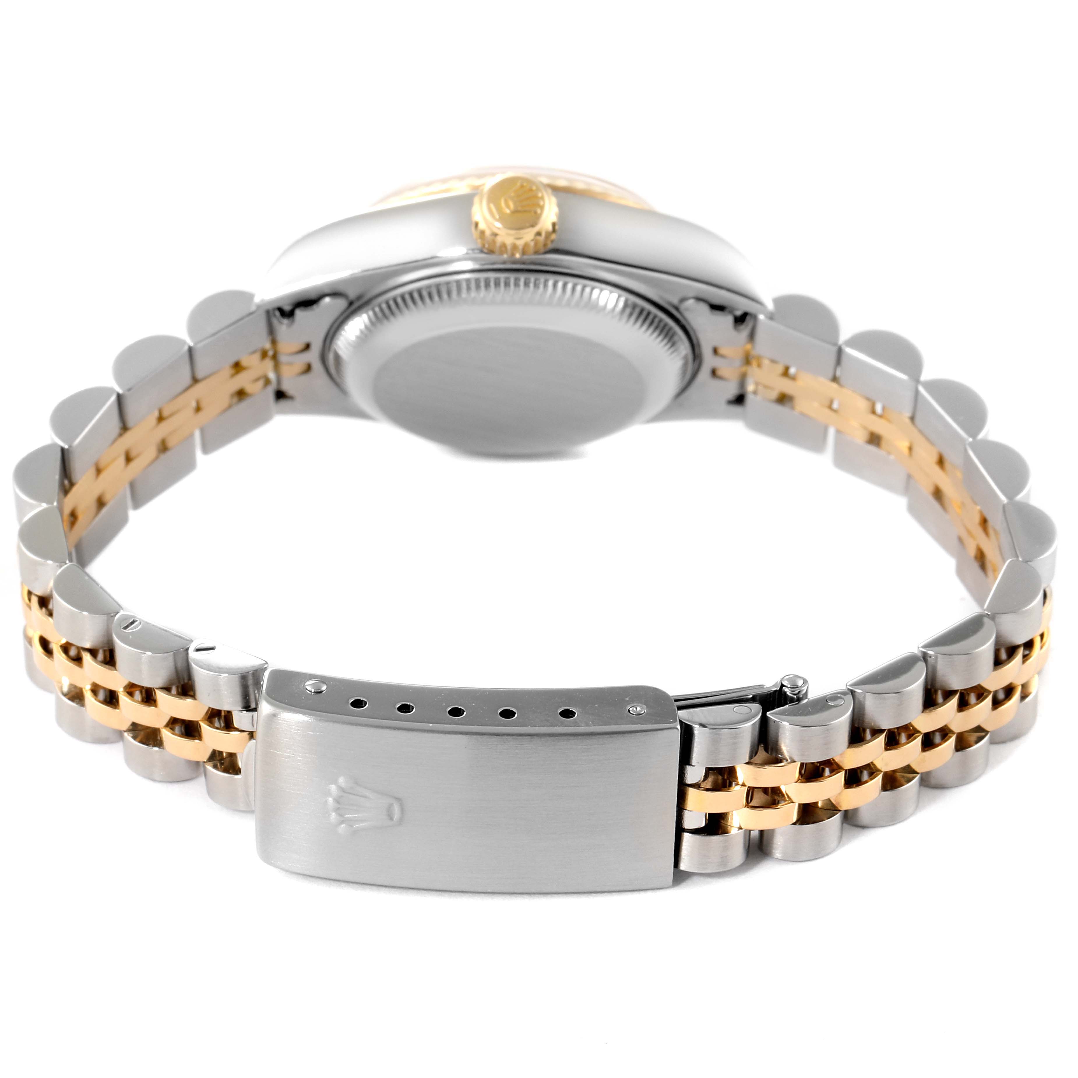 The image shows the back of a Rolex Datejust 69173 Women's Steel and Gold (two tone) White Dial 69173 Women's Steel and Gold (two tone) White Dial watch, highlighting the bracelet, clasp, and case back.
