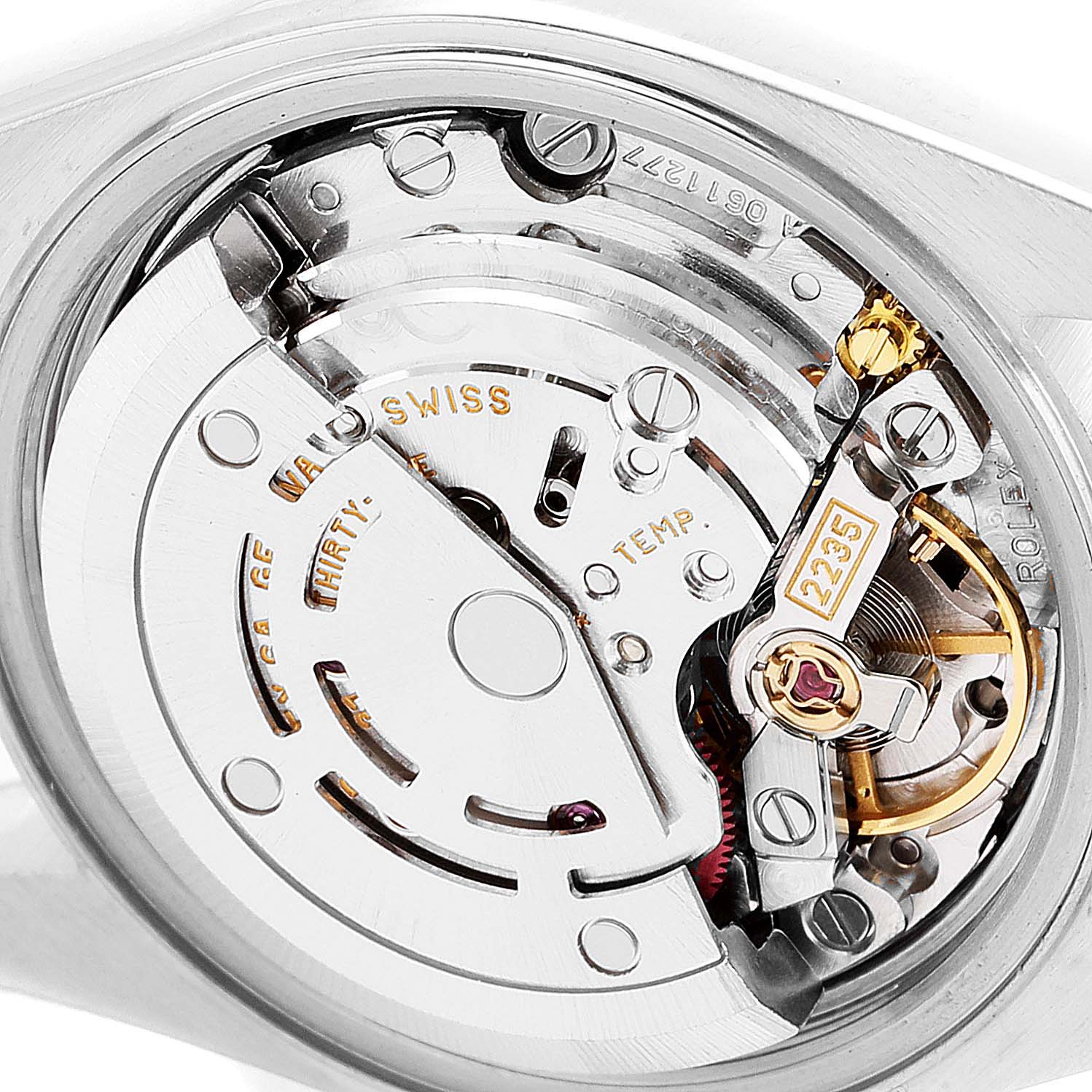 This image shows the inner mechanical movement of a Rolex Datejust 69173 Women's Steel and Gold (two tone) White Dial 69173 Women's Steel and Gold (two tone) White Dial watch from a top-down angle.